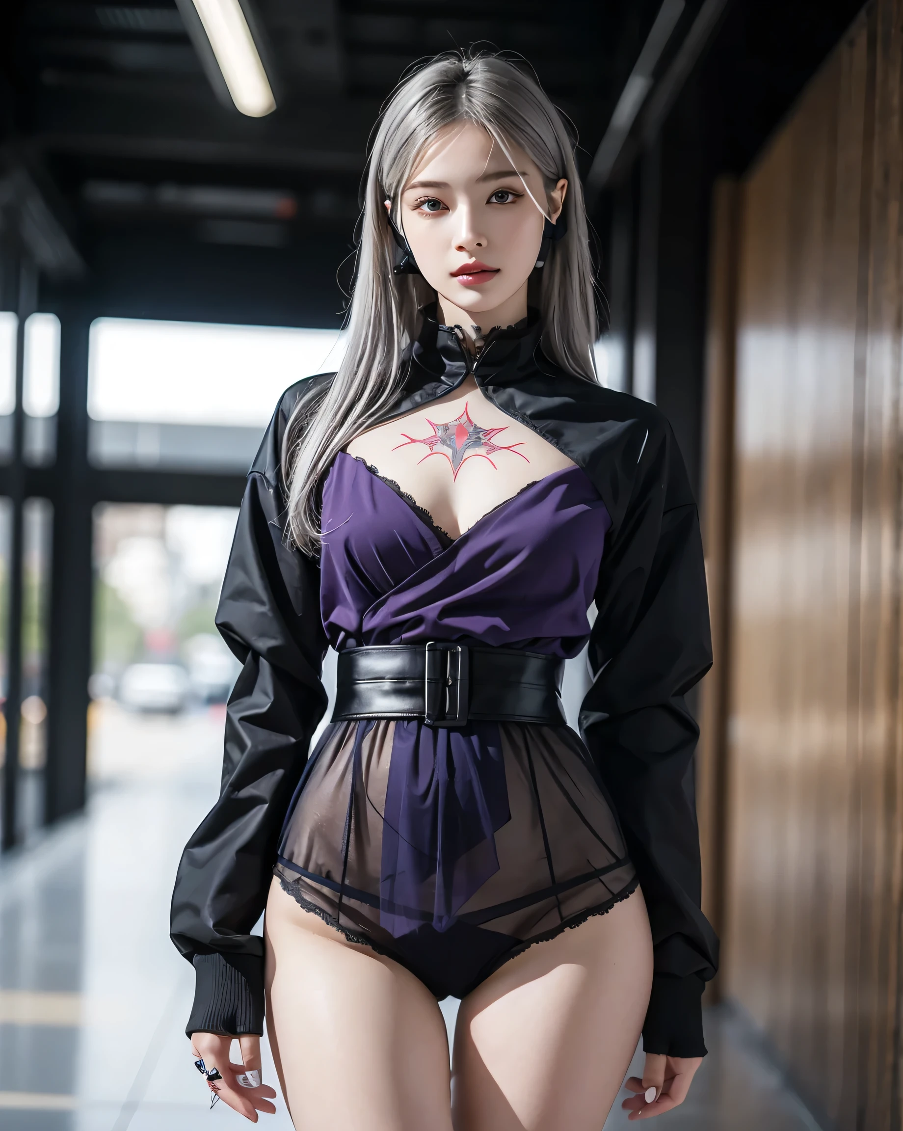 One girl, Gray Hair, Long Hair, Techwear masterpiece, highest quality, Realistic, realism, Dark purple jacket, Portraiture, Fine grain, Wearing the headset, Platinum Hair, 21 year old girl, Fashion pose, Half Body, Wide shot, on the road, cyber punk,(((He has many tattoos all over his body)), (((Tight waist))), ((Big Breasts)),(See-through)，panties