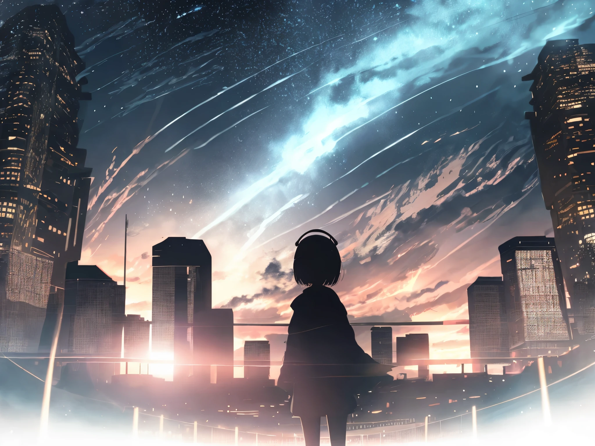 anime,silhouette,1girl, headphone、Back view、Blonde、Holding a microphone、singing、star (sky), cloud, cityscape, building, city, outdoors, skyscraper, city lights, night, night sky, sunset, skyline