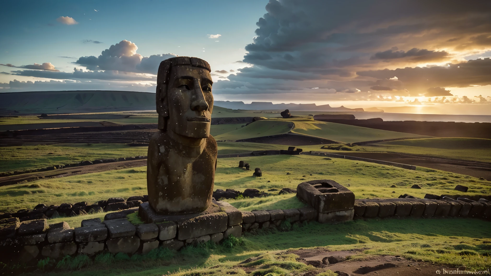 Craft a mesmerizing image that transports viewers to the remote and mysterious landscape of Easter Island, Chile. Picture the iconic Moai statues standing sentinel against the backdrop of rolling hills and expansive ocean vistas. Capture the solemn beauty of these ancient stone guardians, their enigmatic expressions hinting at the secrets they hold. Incorporate the rugged terrain and lush vegetation of the island, showcasing the contrast between the stoic permanence of the Moai and the ever-changing forces of nature that surround them. Let the soft light of dawn or dusk infuse the scene with a sense of reverence and wonder, inviting viewers to contemplate the island's rich cultural heritage and enigmatic past. Through your image, evoke the timeless allure of Easter Island and inspire curiosity about the stories etched into its ancient stone monuments.