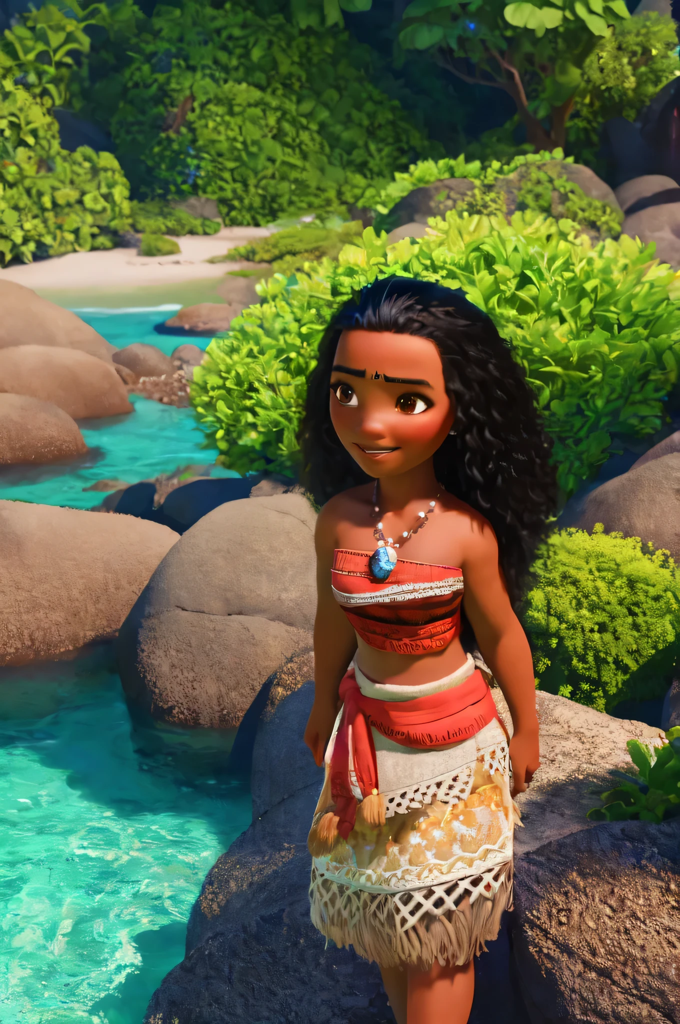 (obra de arte), (extremely intricado), foto fotorrealista de moana, 1 garota, Sozinho, sorriso, cabelo preto comprido, olhos castanhos, cabelo encaracolado, dark skinned female, pele escura, joia, barriga, colar, strapless, topo do tubo, fundo de ilha tropical,  (perfect composition:1.4), deviantart hd, art station hd, arte conceitual, rosto detalhado and body, fotografia premiada, margens, rosto detalhado, professional oil painting by Ed Blinkey, atey ghailan, Jeremy Mann, Greg Manchess, Alex Gray, trends on Artstation, trends at cgsociety, intricado, alto detalhe, sharp focus, dramatic, award-winning matte design cinematic lighting octane render engine unreal volumetry dtx 