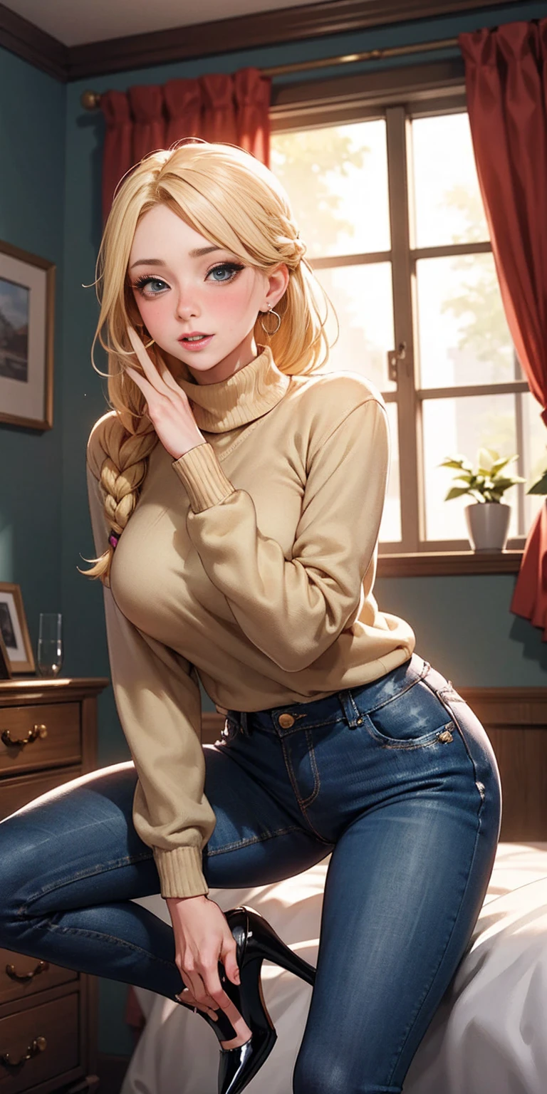 best quality,masterpiece,animated,extremely detailed,detailed eyes,perfect lighting,(35yo milf),(uniform:1.2),pants,1girl,slender,standing,leaning forward,window,bedroom,lying,blonde hair,dramatic lighting,looking at the viewer,(pleasure face:1.3),embarrassed,full blush,(high heels:1.2),spread legs,perfect legs,cute choker,earrings, drooling,sweatting,tanemorihaha,sweater,blonde eyes,jeans,mature female,braid,turtleneck,