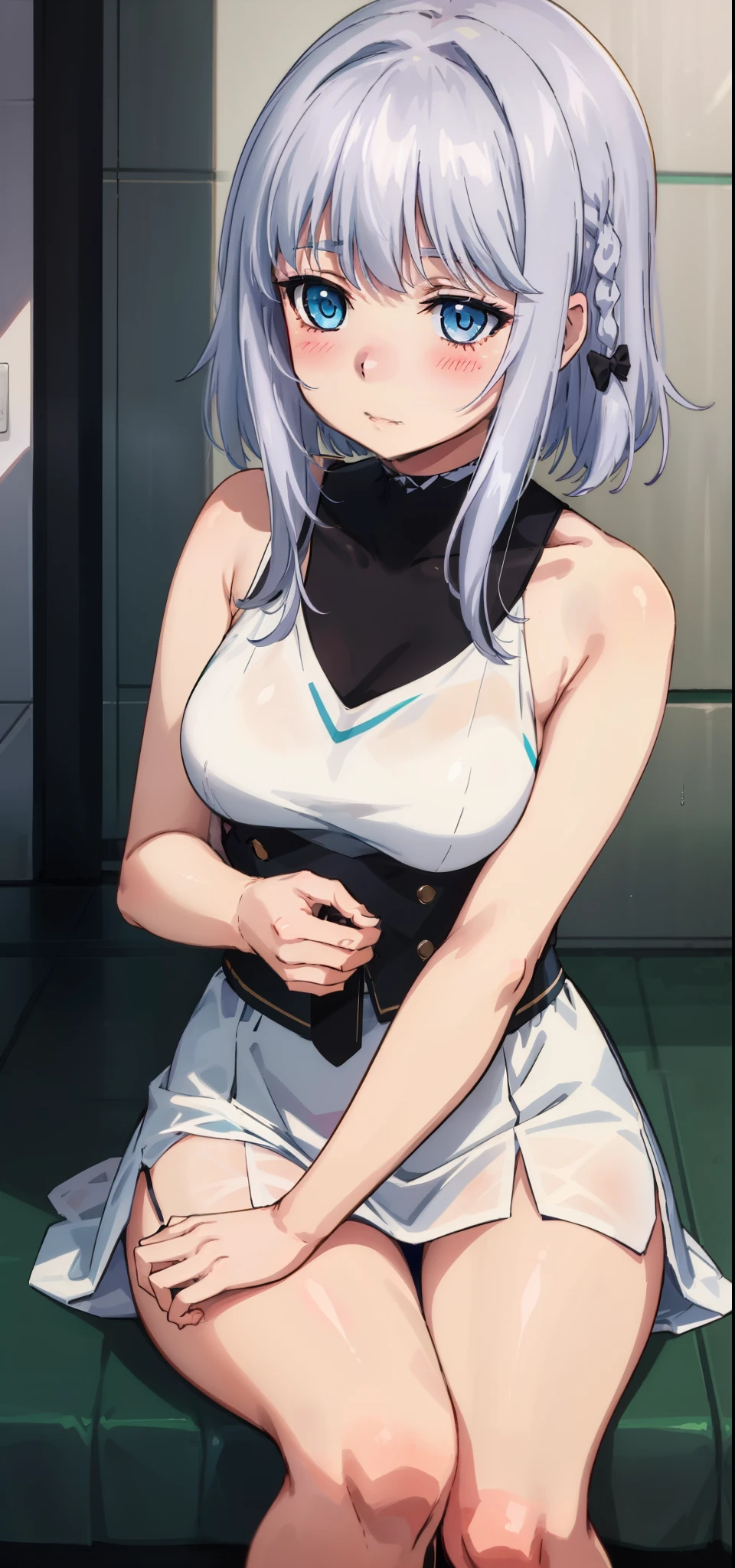1 girl, kanon kanase, , blush, medium breasts, sleeveless, dress, sitting.