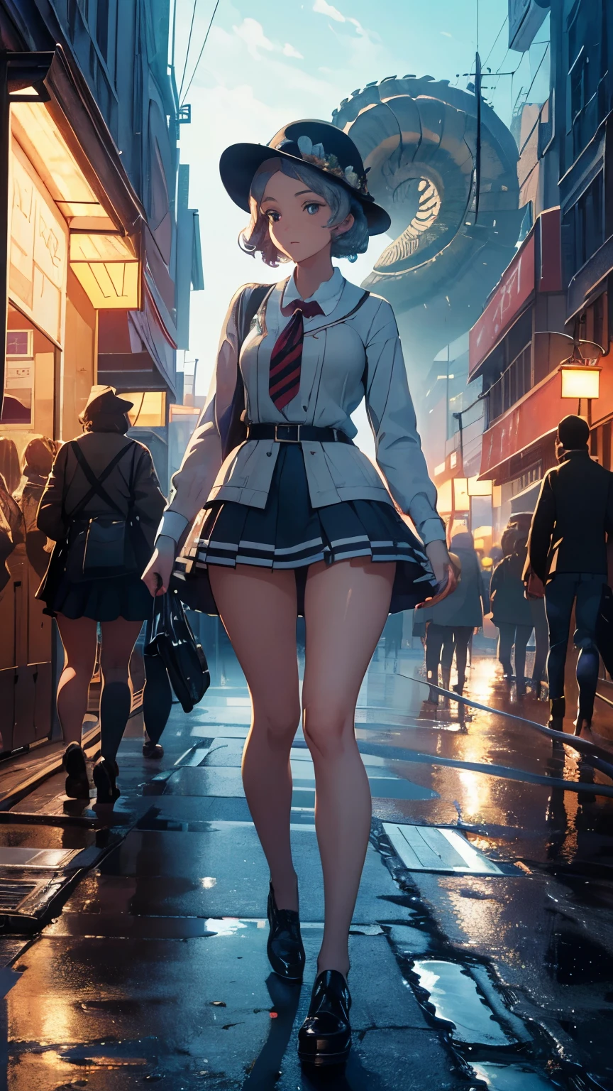 François-Louis Schmied, John Austen, Gerda Wegener, Adrienne Segur, Surrealism, wonder, strange, bizarre, fantasy, Sci-fi, Japanese anime, giant ammonite fossil, deserted late night city, miniskirt beautiful high school girl's dream walk, perfect voluminous body, detailed masterpiece perspectives Hyper realistic sharp focus cinematic lighting