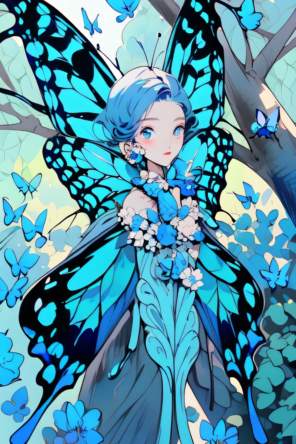 (lineart:1.1), (soft shading:1.3), pastel colors, limited-palette (predominantly blue:2.0), (female:1.0), adult (fairy:1.2), solo, (full body:0.6), detailed background, detailed face, (butterfly wings:2.0), (fantasy theme:1.1), (mouth closed:0.7), serene expression, adorned in flowers, petal details, (butterfly landing:0.8), rose quartz gemstone, (tree with blooming blue flowers:1.8), (sparkling magic:0.9), whimsical aura, (fairy forest in background:1.3), (style-pastelgoth:0.7), dreamy atmosphere.