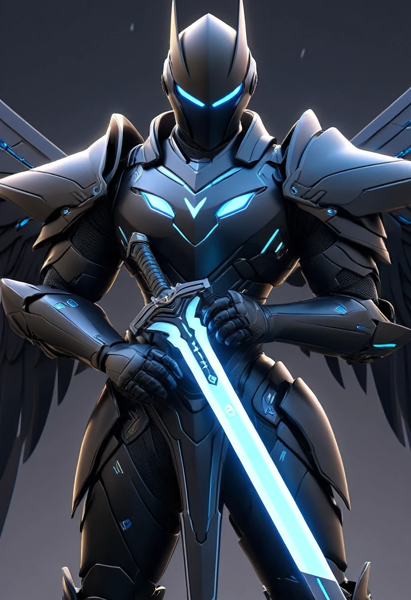 1 person. male, Solitary, Wearing black technological armor, Holding a glowing technological weapon in front of him, Holding a glowing tech sword, wing, simple glowing background , HD, masterpiece, best quality, Super detailed, Super detailed,
