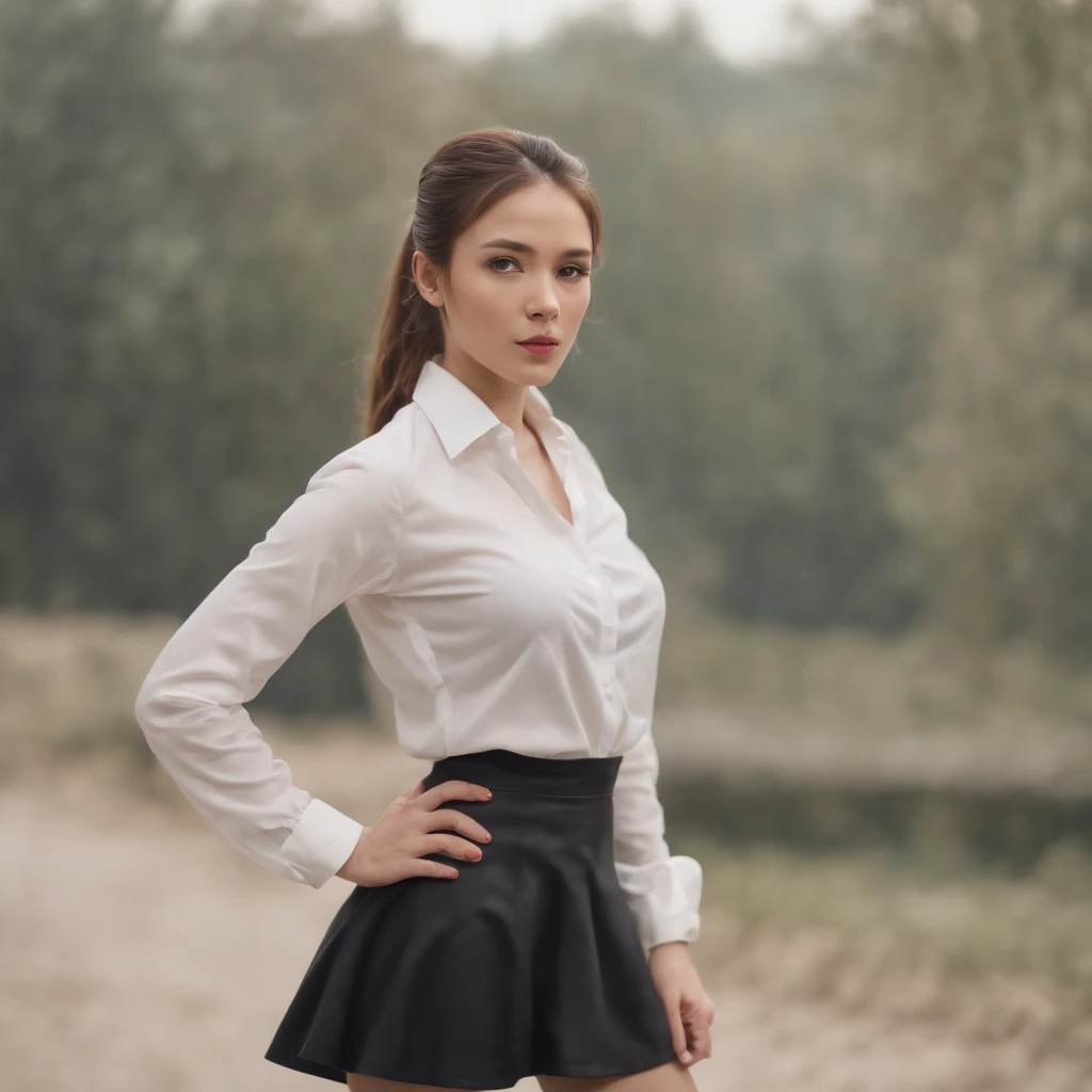 (best quality,masterpiece:1.2), a woman in a shirt, looking from the side, with a ponytail, wearing a short skirt, lifting her skirt, long stockings, wearing heels