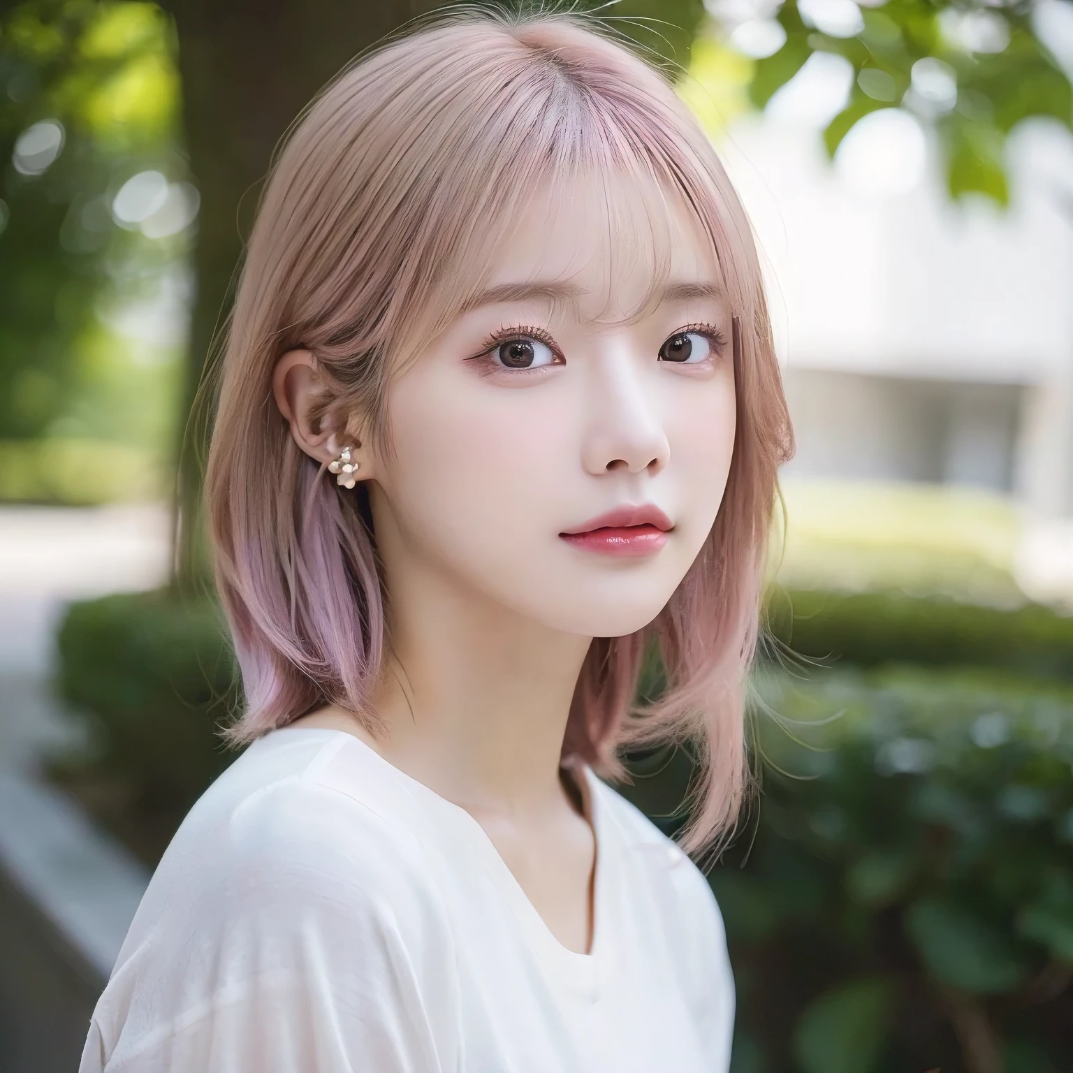 Woman standing upright facing the camera、Light clothing、Expose、Light white shirt、(highest quality,masterpiece:1.3,超A high resolution,),(Very detailed,Caustics),(Photorealistic:1.4,RAW shooting,)Ultra-Realistic Capture,Very detailed,High resolution 16K for human skin、 Natural skin texture、、Skin tone is even and healthy looking、 Use natural light and color,One Woman,Japanese,,cute,Pink Hair,Middle Hair,(Written boundary depth、chromatic aberration、、Wide range of lighting、Natural Shading、)、(Daytime outdoor lighting:1.4)、(Hair swaying in the wind:1)、short hair、hair ornaments、Put it on your ear