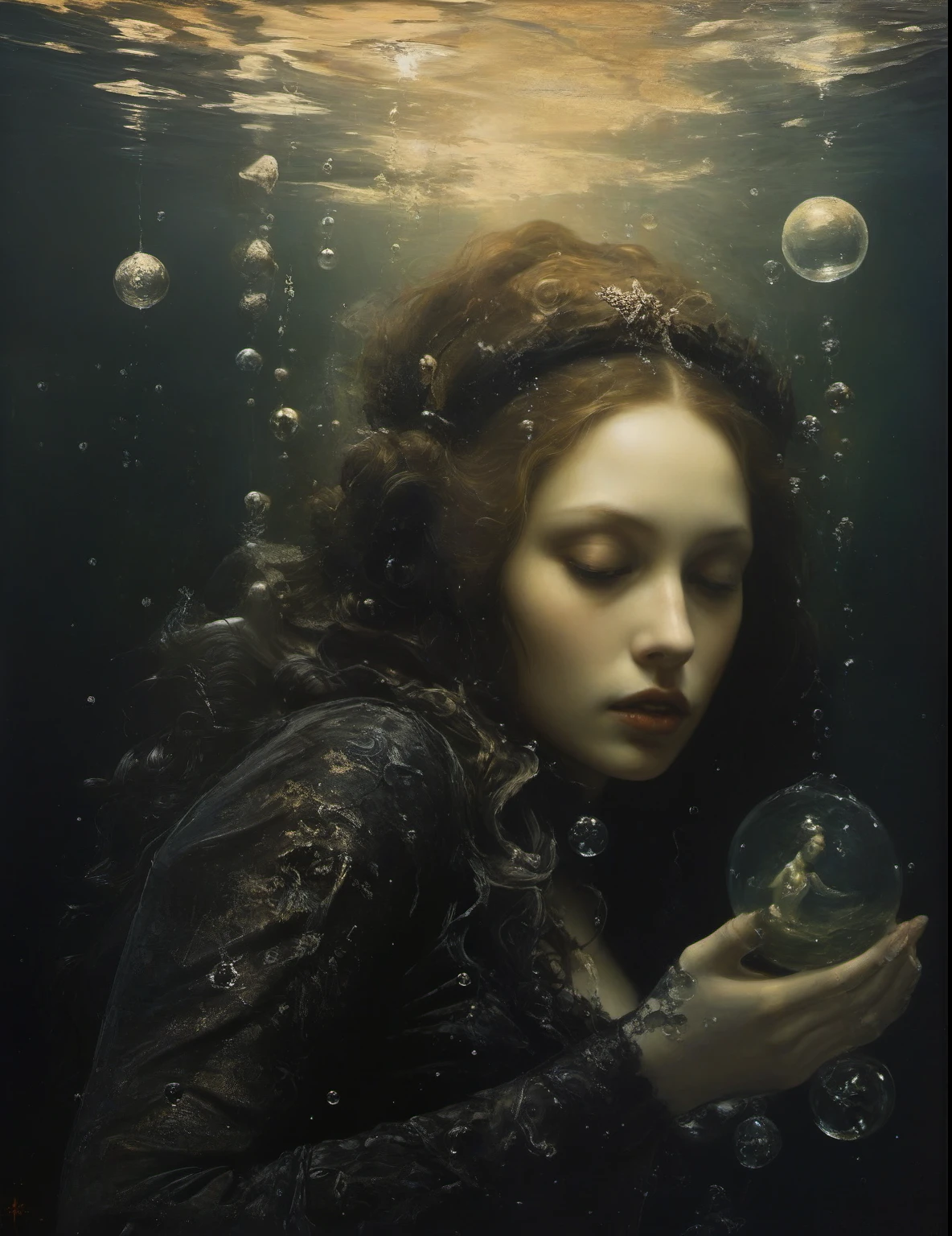 James Gurney, Surrealist art , dream-like, Mysterious, Provocative, symbolic, Complex, detailed,, (Gothic but very beautiful:1.4), (masterpiece, highest quality:1.4) , Nicola Samori Style, Mermaid swimming in the sea , Water bubbles
