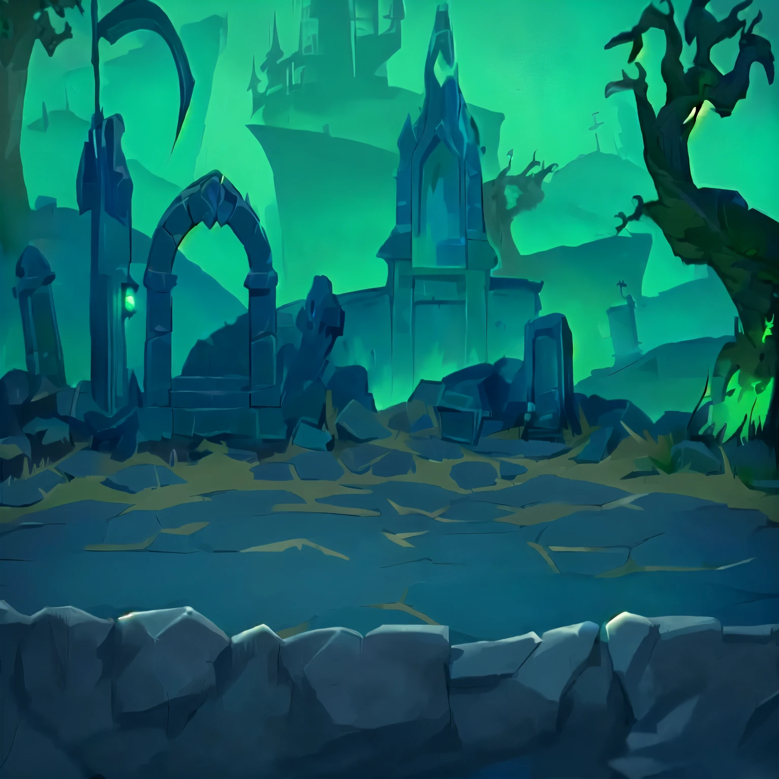 cartoon illustration of a graveyard with a cemetery and a cemetery, background art, graveyard background, background artwork, game background, mobile game background, in a dungeon background, dungeon background, valley of the damned background, haunted background, odin's stone arena background, 2d game background, light kingdom backdrop, 2 d game art background, videogame background, shadowy castle background