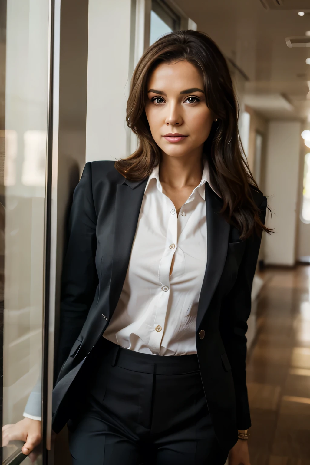 Woman in a business suit, brunette. 55 years. looks at the camera