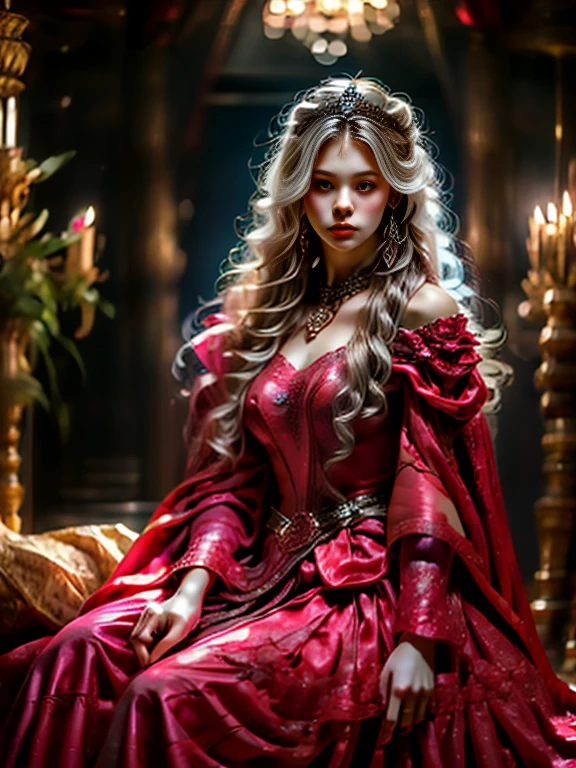 (Medieval fantasy style female princess), whole body, Wearing a headscarf, luxury crown, blue eyes, blond, , (Red and silver headscarf), (Knee Shot:1.5), Sexy, blue eyes, Extra large breasts, Pointy huge breasts gorgeous jewelry, Lips slightly open, Keep your lips elegant and charming, (blush), Contempt, Calm and handsome, (Medieval fantasy dress, Beautiful big pointed breasts, Small waist, Perfect body, Blue delicate pattern, Red cape), oc rendering reflection texture, Sexy style, Medieval Castle Background, Slim body, Very small waist, (erect nipples see trough dress), high resolution, original photo, real picture, Digital Photography, (UHD, award winning), masterpiece, best quality, 8K, anatomically correct, textured skin, ccurate