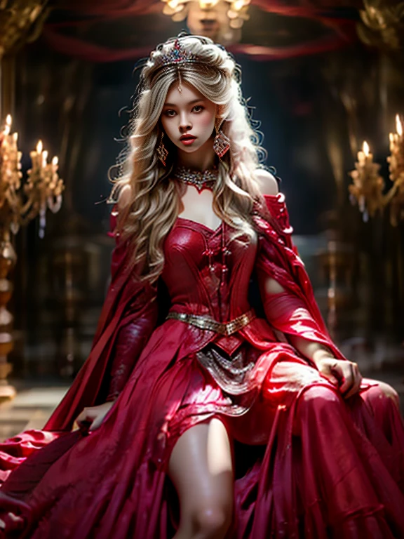 (Medieval fantasy style female princess), whole body, Wearing a headscarf, luxury crown, blue eyes, blond, , (Red and silver headscarf), (Knee Shot:1.5), Sexy, blue eyes, Extra large breasts, Pointy huge breasts gorgeous jewelry, Lips slightly open, Keep your lips elegant and charming, (blush), Contempt, Calm and handsome, (Medieval fantasy dress, Beautiful big pointed breasts, Small waist, Perfect body, Blue delicate pattern, Red cape), oc rendering reflection texture, Sexy style, Medieval Castle Background, Slim body, Very small waist, (erect nipples see trough dress), high resolution, original photo, real picture, Digital Photography, (UHD, award winning), masterpiece, best quality, 8K, anatomically correct, textured skin, ccurate