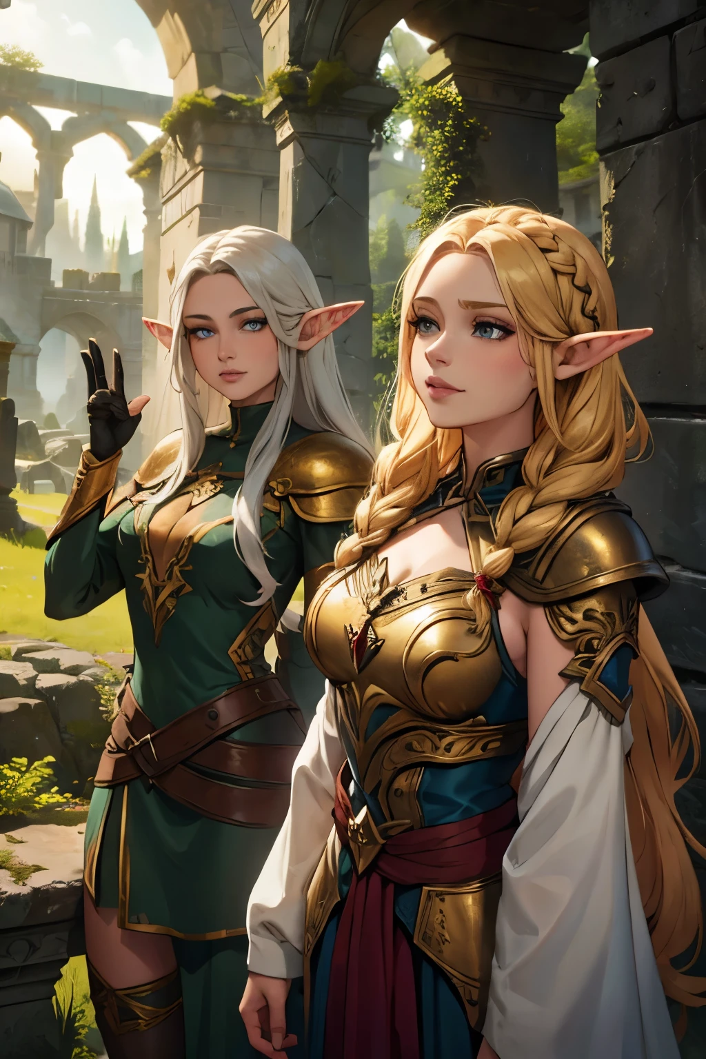 photorealistic, a high resolution, 2 beautiful female elf warriors, ((twins)), long braided golden hair, (wear elven baroque armor), battle-worn, magic, jeans, short top, smiling, fantasy, dynamic pose, background of castle ruins in the forest, dramatic, Chromatic aberration.