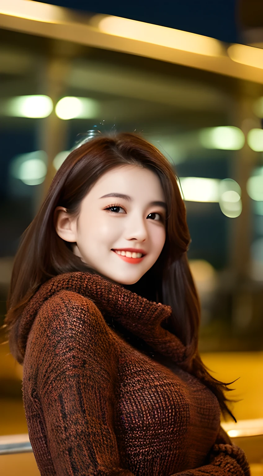 Tabletop, highest quality, shape, Very detailed, finely, High resolution, 8k wallpaper, Perfect dynamic shape, Beautiful and detailed, Elegant winter clothes,Medium Hair,Small Breasts Natural Color Lip, Bold sexy pose,smile、20-year-old girl、cute、Looking at the camera is sexy,night,Beautiful and elaborate face,Elegant face,Perfect and beautiful face,Slim face and body,Spread your arms wide、Background Blur