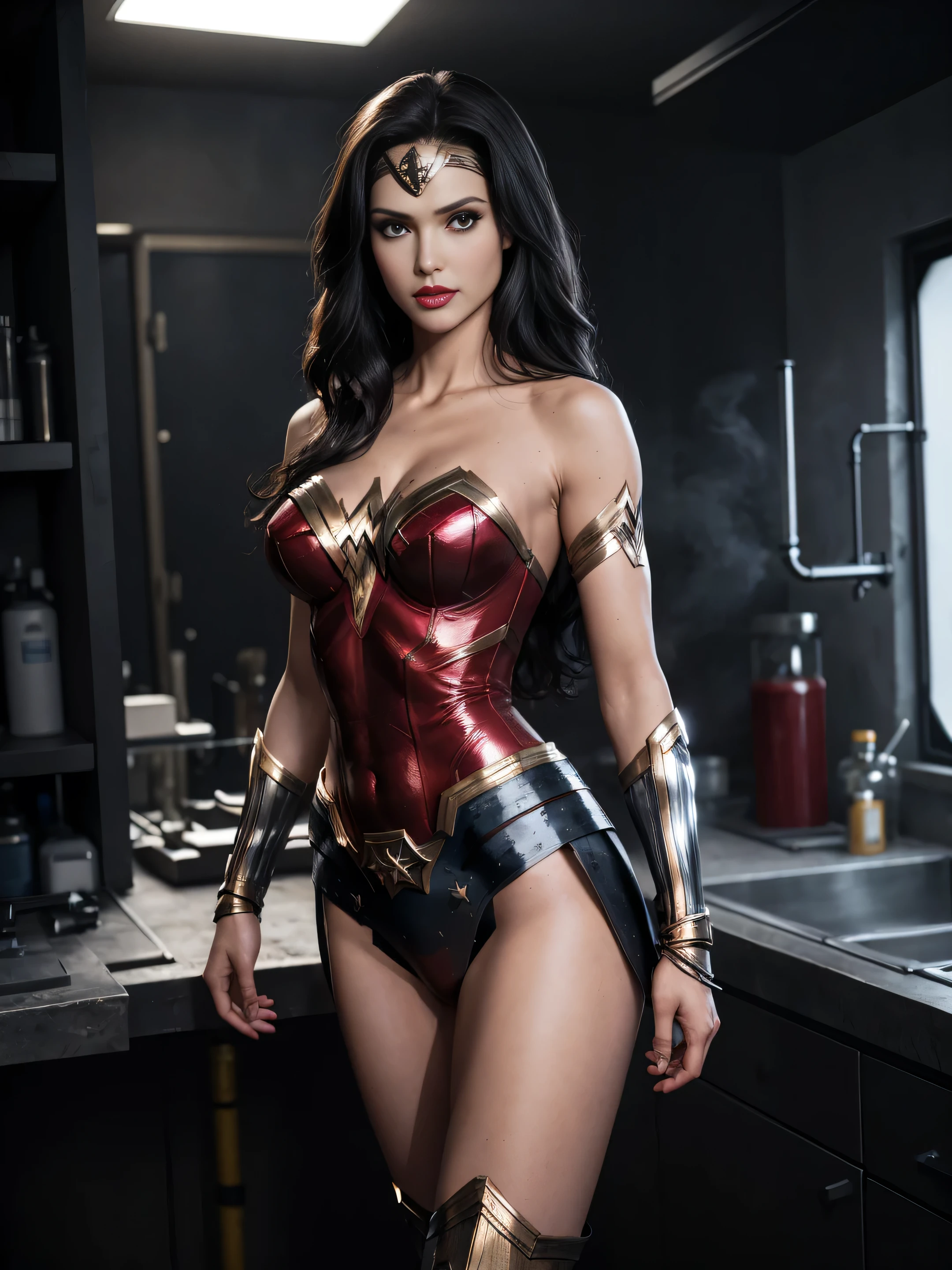 full body superheroine alias wonder woman, dark leather outfit, leather boots photorealistic, black long hair, black eyes, red lips, perfect hands, large breast, broad athletic shoulders, slim waist, long muscular legs, perfect hands, perfect legs, perfect breasts, detailed hands, perfect eyes, detailed eyes, perfect stomach, cool, measured sexy, perfect legs, perfect breast, detailed hands, perfect eyes, detailed eyes, perfect stomach, cool, measured sexy, he stands in happy scientist in his laboratory, dusty, foggy, mysterious laboratory equipment throwing around, blind suspicious shadows