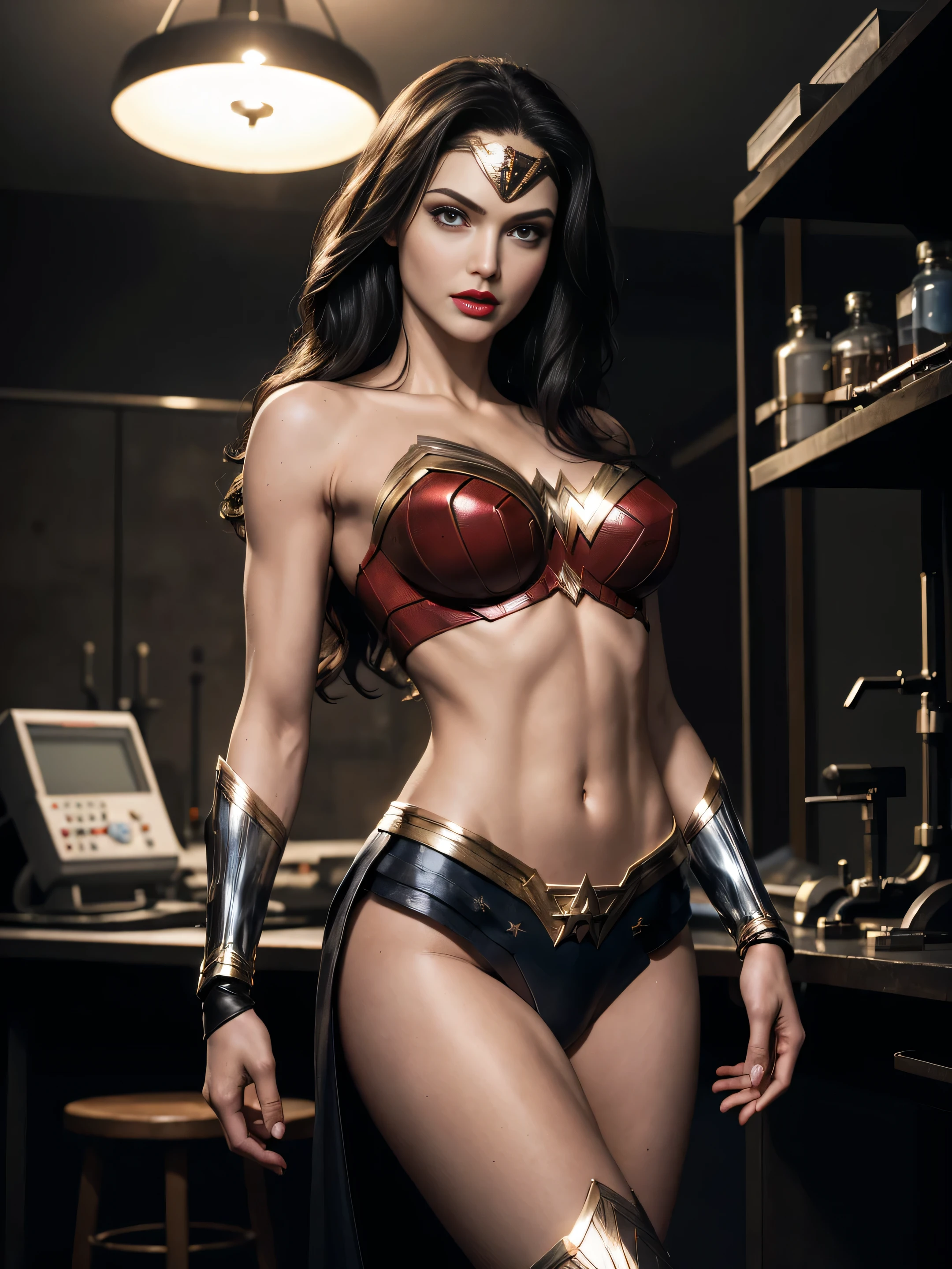 full body superheroine alias wonder woman, dark leather outfit, leather boots photorealistic, black long hair, black eyes, red lips, perfect hands, large breast, broad athletic shoulders, slim waist, long muscular legs, perfect hands, perfect legs, perfect breasts, detailed hands, perfect eyes, detailed eyes, perfect stomach, cool, measured sexy, perfect legs, perfect breast, detailed hands, perfect eyes, detailed eyes, perfect stomach, cool, measured sexy, he stands in happy scientist in his laboratory, dusty, foggy, mysterious laboratory equipment throwing around, blind suspicious shadows