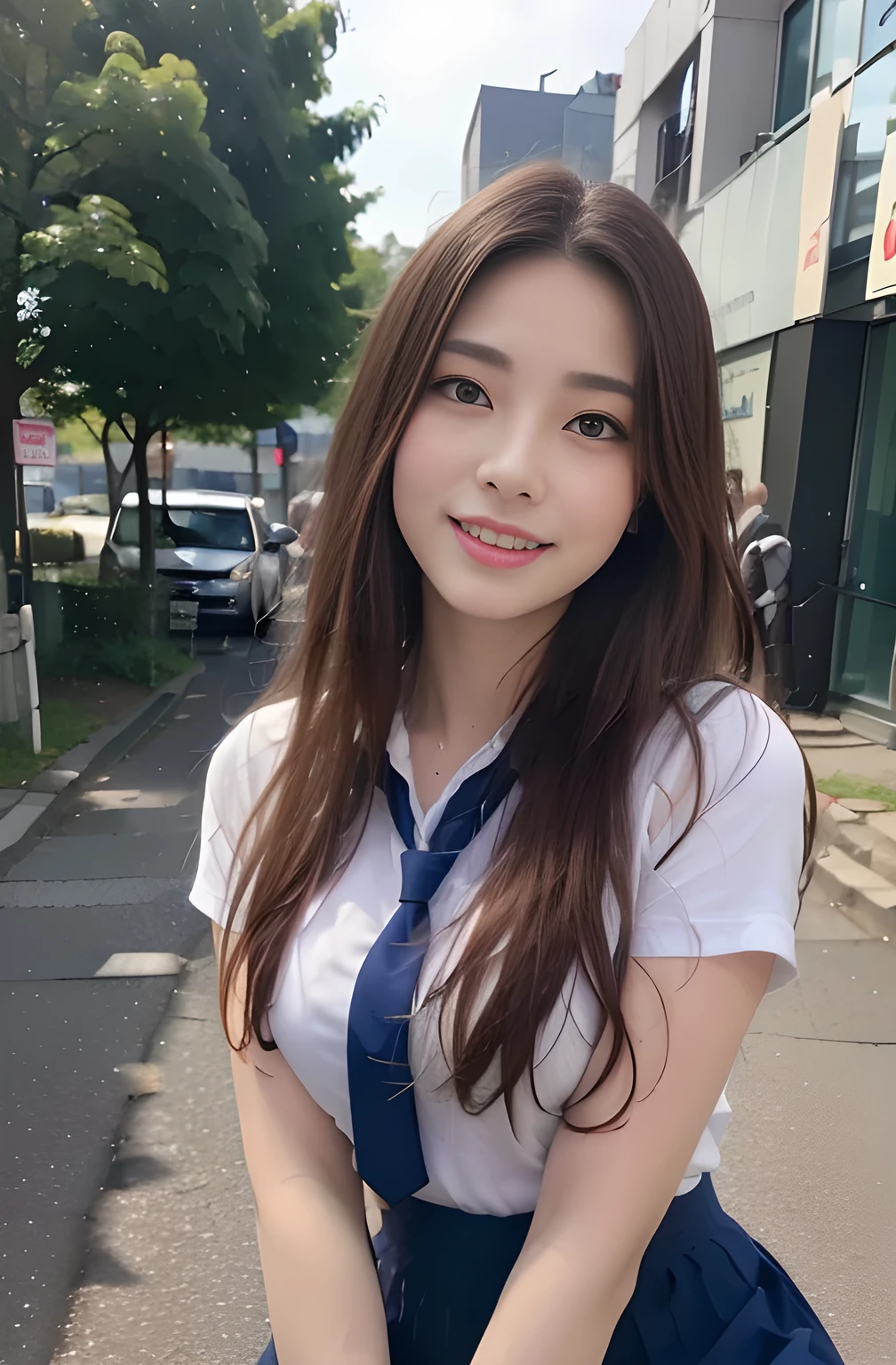 (8k, RAW Photos, highest quality, Learning:1.3), (Realistic, photo-Realistic:1.37), (The audience watching:1.331), (Gray Hair), Pause, Tokyo Street, Night cityscape, Cyberpunk City, Soft Light, One girl, Very beautiful face , Perfect Body Proportions, (Small face: 1.1), bust, casual hairstyle, smile, Big eyes, (short sleeves JK_shirt), JK_style, (navy JK_skirt), (bow JK_tie), Mix 4, Fine grain