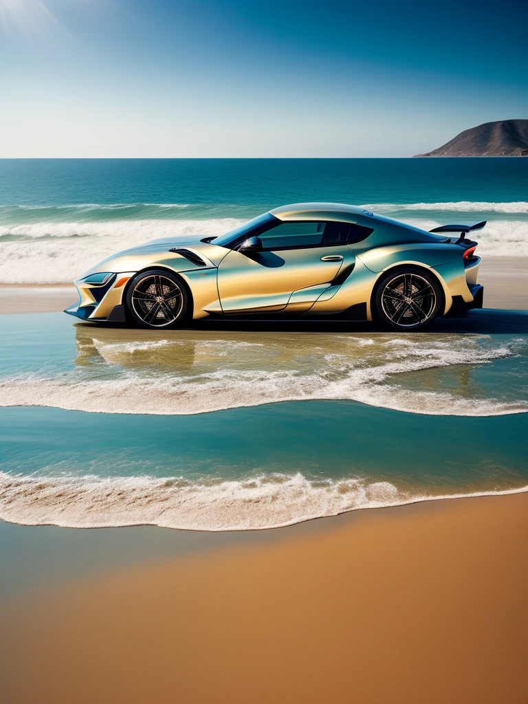 Amidst the tranquil expanse of the sandy beach, a Supra car glimmers in the sun, its metallic surface reflecting the shimmering water and the bright blue sky above. The car stands out against the serene landscape, its sleek curves and powerful physique a stark contrast to the gentle waves and soft sand. Surrounded by the golden hues of the sun-drenched beach, the Supra appears as a glorious beast, ready to roar to life and conquer the open road. ((masterpiece)), ((best quality)), realistic, 8k, ultra-detailed, sunny day, beach scenery, concept art, high definition photo, front angle