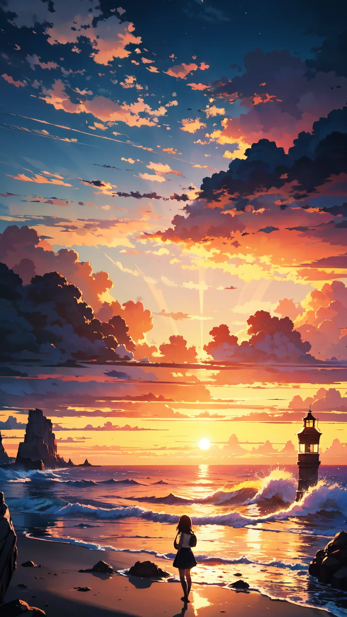 "Enchanting sunset moment with a girl enchanted by the magnificent golden sunlight and swirling clouds, evoke a sense of awe and vibrant colors. masterpiece."