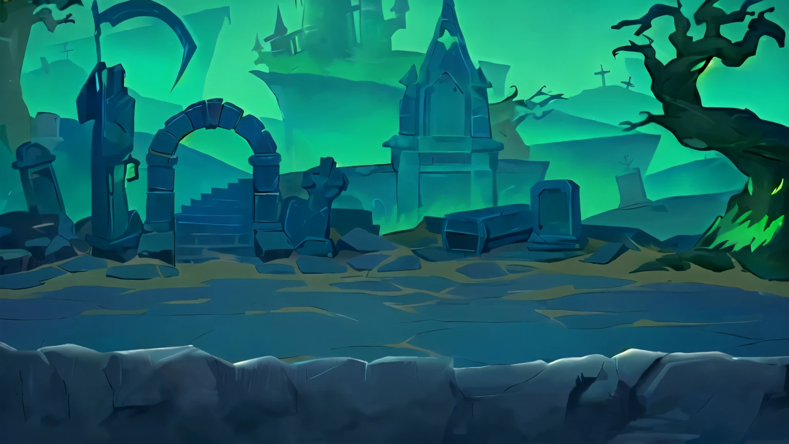 cartoon illustration of a graveyard with a cemetery and a cemetery, background art, graveyard background, background artwork, game background, mobile game background, in a dungeon background, dungeon background, valley of the damned background, haunted background, odin's stone arena background, 2d game background, light kingdom backdrop, 2 d game art background, videogame background, shadowy castle background