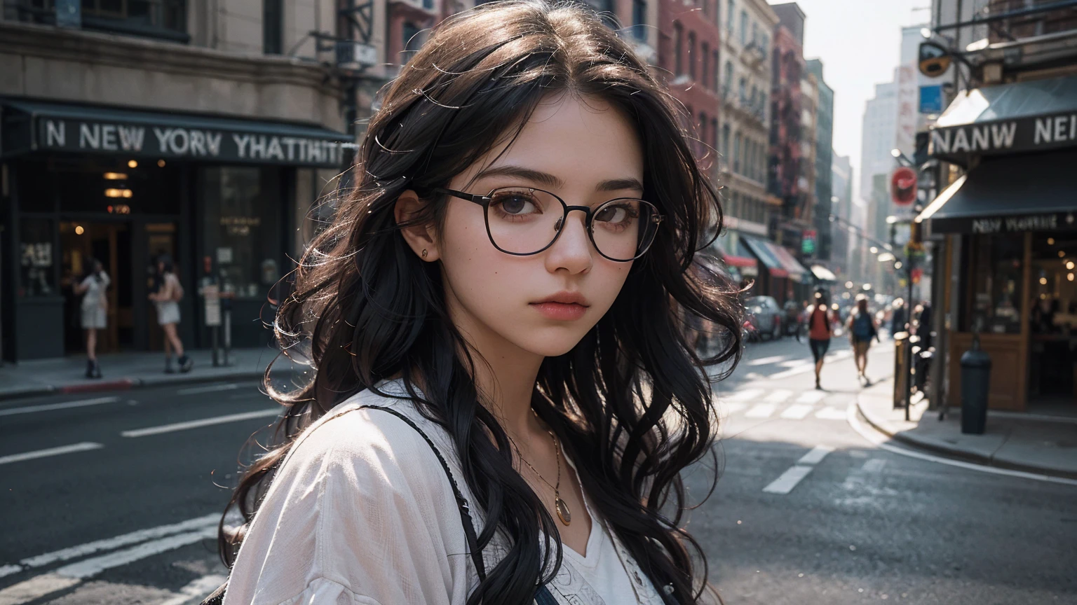 (RAW photo, 8k, masterpiece, high res, extremely intricate) (photorealistic:1.4), cinematic lighting
1girl with long black wavy hair and nerdy glasses, solo focus, summer noon at new york, hot, 21st \(style\), street wear shot,outdoor