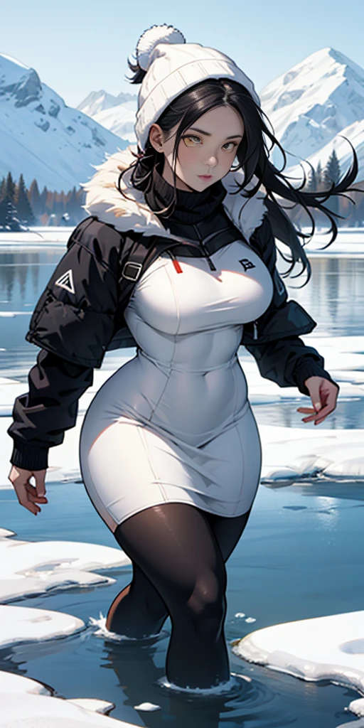 1 girl, black hair, yellow eyes, very long hair, pale skin, curvy, (extremely muscular), perky breasts, (winter clothes), frozen lake