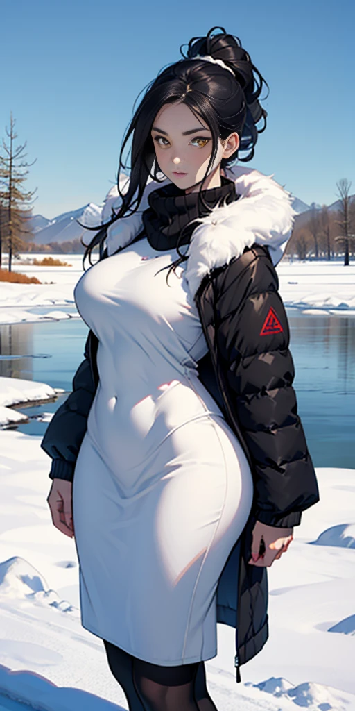 1 girl, black hair, yellow eyes, very long hair, pale skin, curvy, (extremely muscular), perky breasts, (winter clothes), frozen lake