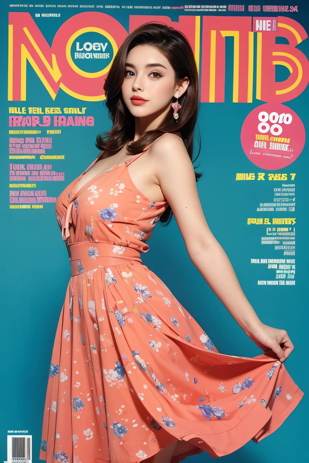 Beautiful woman in a 90s retro dress, colorful background, magazine model pose,