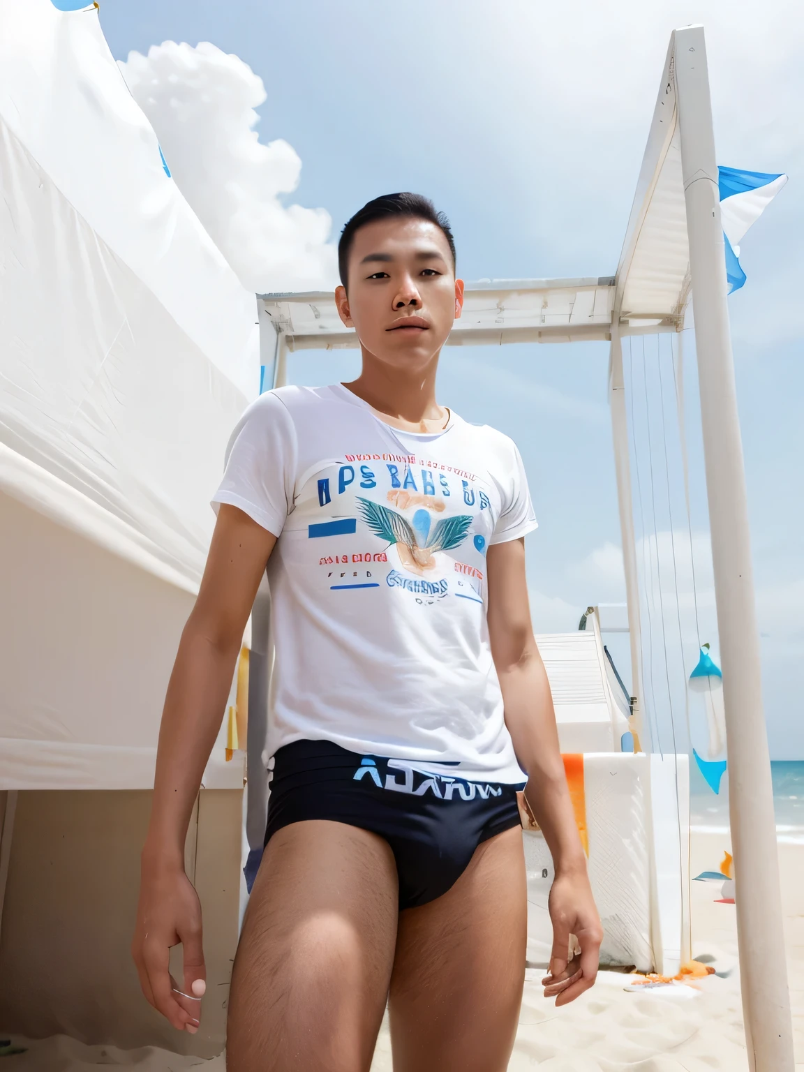 Change the background to the beach.,daytime, Handsome young man, Thai man, ager, very handsome