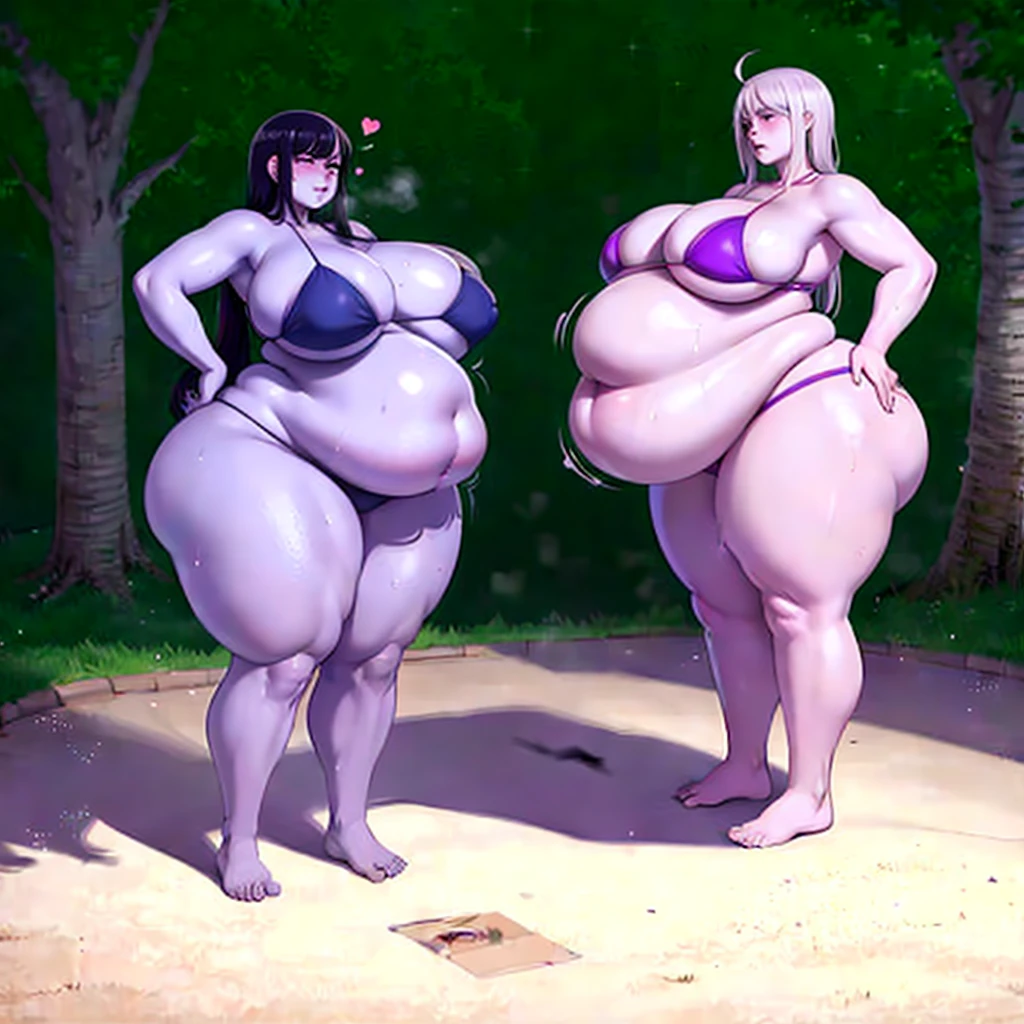A young woman in a bikini, massive bloated overstuffed heavy protruding bulging long wide morbidly obese belly, hyper massive fat tall wide round heart shaped bubble butt, wide fat hips, massive fat round heavy breasts, deep long pronounced cleavage, so full it hurts, gurgling fat belly, sloshing belly, distended belly, churning belly, it hurts being so full but it feel so good, squishy belly, bellies squished together, squished together, shes upset her friend isnt as fat as her, shes making her obese, wide stance, struggling to stand, fat thick thighs,