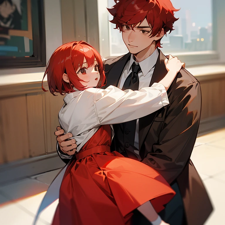 Make a 24-year-old red-haired father with brown eyes thin and white with one with stylish clothes together with his 5--old -haired daughter with short hair and children's and feminine clothes and white eyes in a garden setting Make them both in the same image