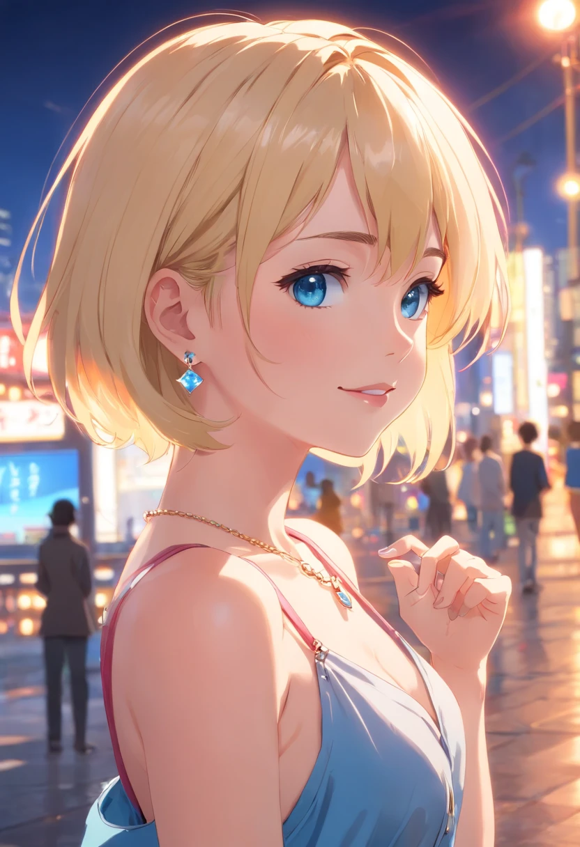  Women, ((Blonde)), ((Blue eyes)), ((Short hair)), ((Full shot)), very detailed makeup, pale pink lipstick, long earrings, bare shoulders and jewelry necklace, bare back looking back with a hand on his face and smiling