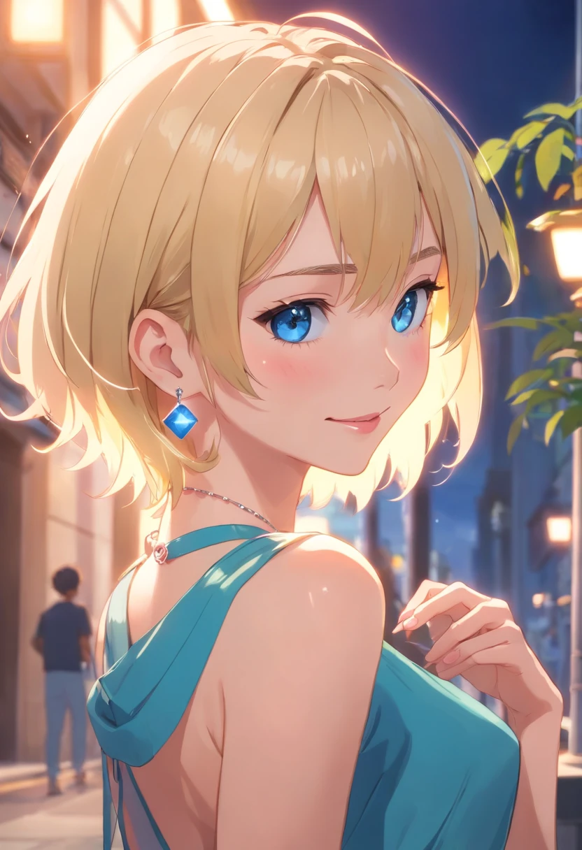 Women, ((Blonde)), ((Blue eyes)), ((Short hair)), ((Full shot)), very detailed makeup, pale pink lipstick, long earrings, bare shoulders and jewelry necklace, bare back looking back with a hand on his face and smiling