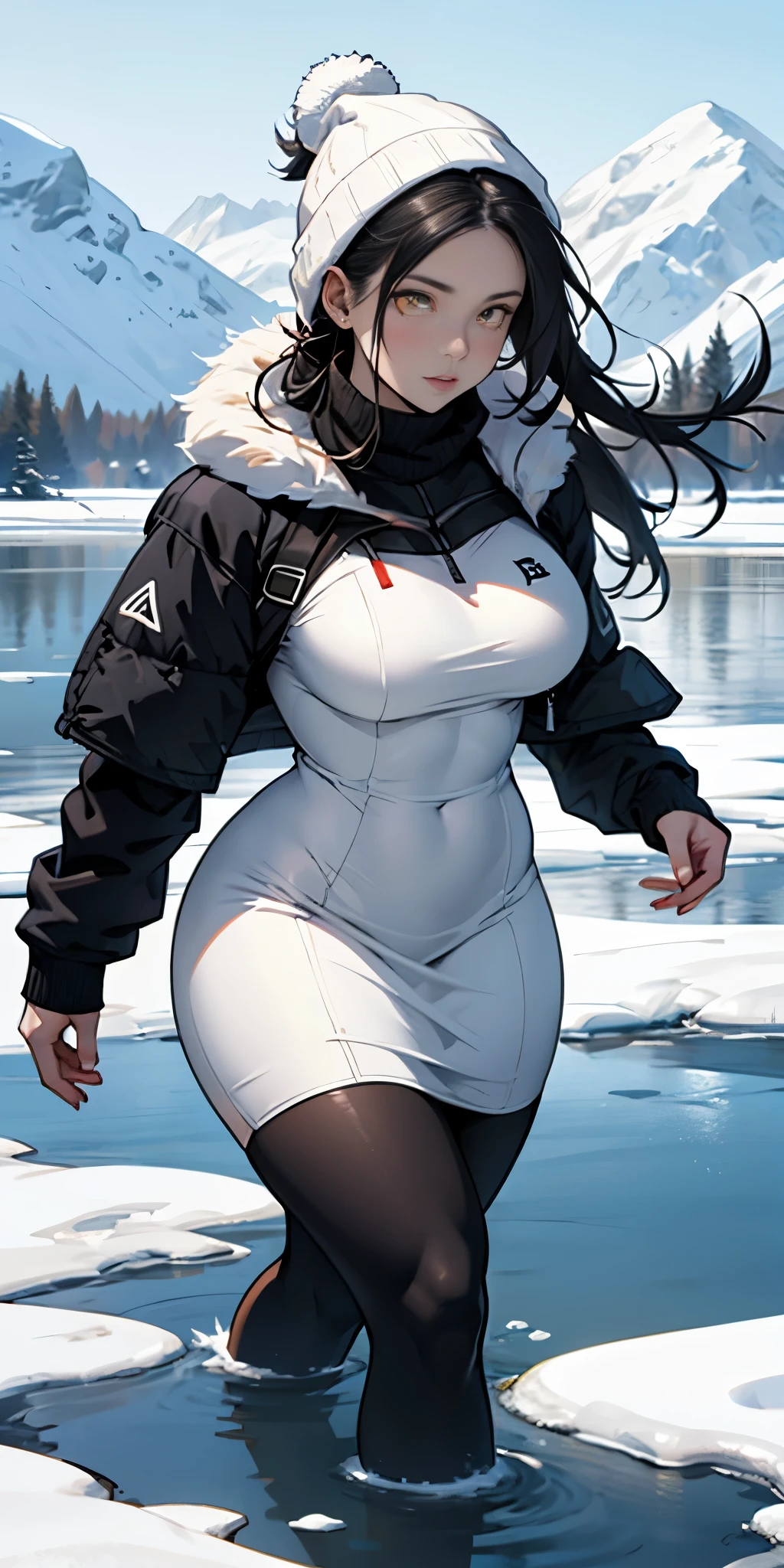 1 girl, black hair, yellow eyes, very long hair, pale skin, curvy, (extremely muscular), perky breasts, (winter clothes), frozen lake