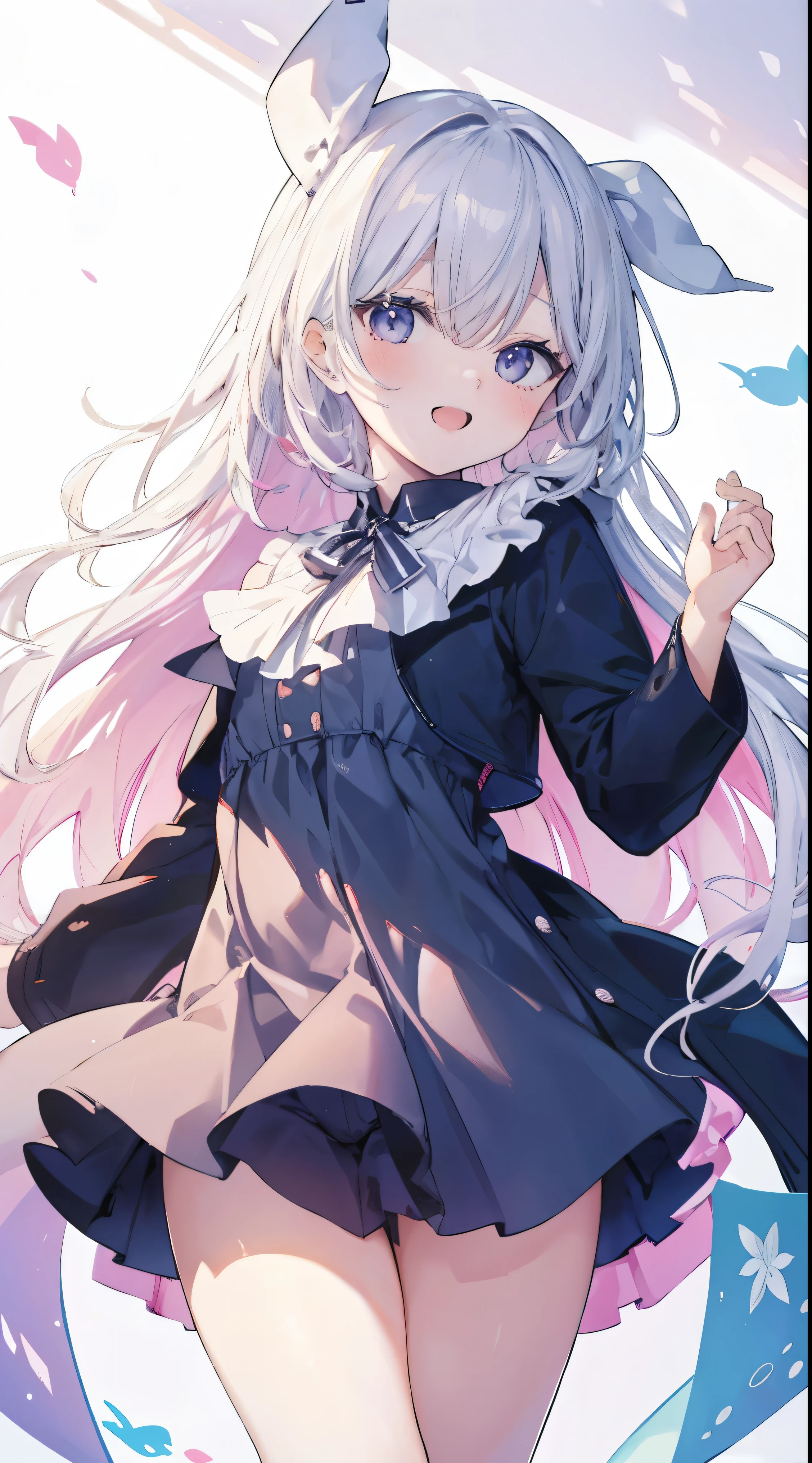 Masterpiece、Highest quality、highest quality、(Open Mouth Smile)、Shiny hair quality、Small face、Dynamic pose、Super detailed, beautiful, wide eyes、Ultra-detailed, clear and beautiful faces、(cute illustration:1.2), High-resolution, ultra-detailed, best quality, embarrassed、Thighs