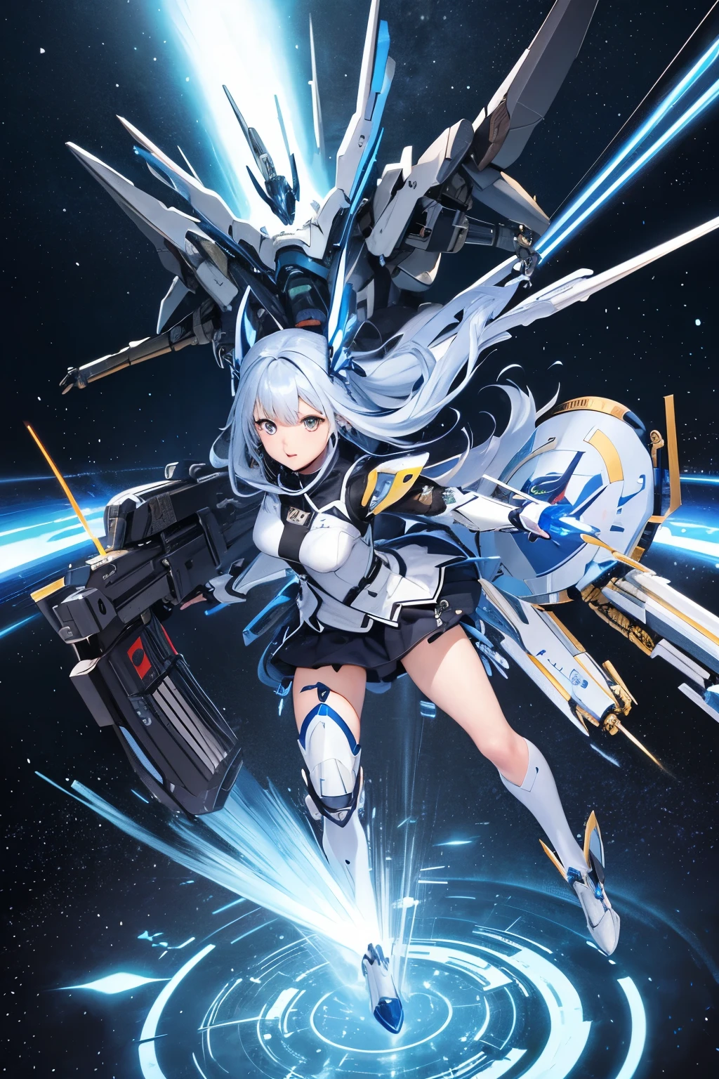 （（（highest quality、first-clasasterpiece、Normal body、8k、Detailed face、Ultra-precision、Normal hand、Normal finger、５Finger、）））Blue and silver hair、Machine Angel、Large mechanical wings、Large booster、Large thruster、Thought-guided remote-controlled weapon、Full Armor、Beam rifle、Beam irradiation、Running through space、Beam Sword、Fighting space monsters、takeoff、Variable Beam Launcher