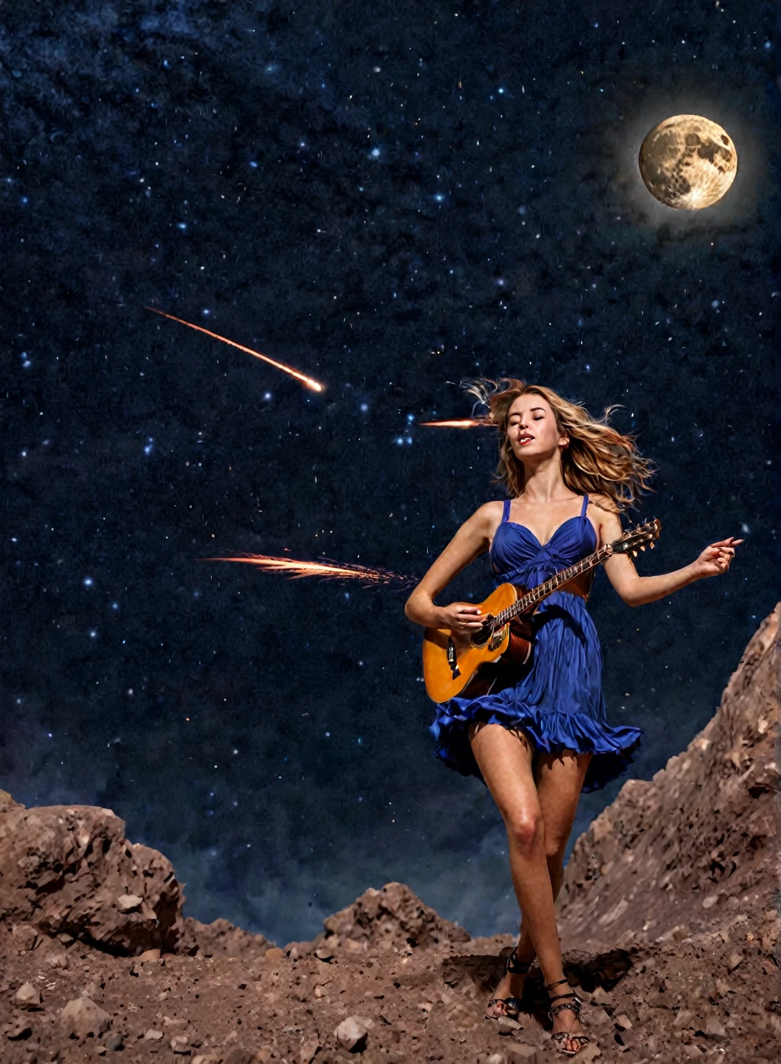 "Capture the epic, realistic and enchanting scene of a beautiful girl playing the guitar on the moon, while a large flaming meteor streaks across the sky behind her. The girl is positioned in the center of the image, illuminated by the soft moonlight, highlighting her delicate features and serene expression as his skilled fingers dance over the guitar strings. The burning meteor adds an element of drama and urgency to the scene, with its vibrant colors and sense of imminent movement.
To bring realism and sophistication to the scene, add details like the rough texture of the lunar surface beneath the girl's feet, the strands of her hair gently ruffled by the cosmic breeze, and small details in the surrounding lunar landscape, like distant craters and low mountains. The color palette should be rich and contrasting, with the deep blue tones of the night sky mixing with the golden and reddish tones of the burning meteor.
The composition of the image must highlight with detail of realism and impressionism the beauty and serenity of the girl, while simultaneously conveying the grandeur and danger represented by the burning meteor. The scene must be able to capture the attention of all viewers, inviting them to immerse themselves in the magic and emotion of the captured moment."