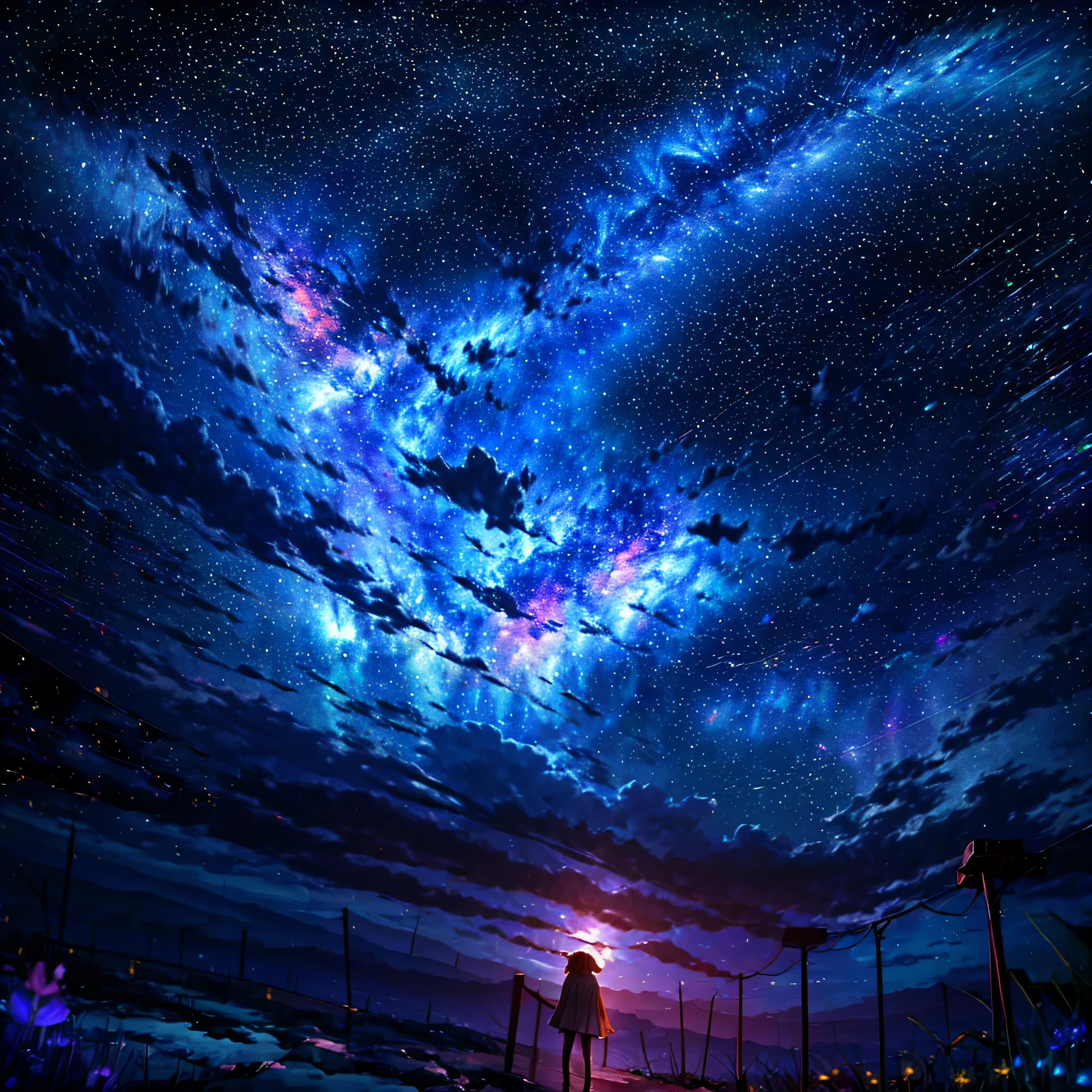 Describe a scene in which a cute girl character is lying on a grassy hill., Look up at the starry sky. Surround her with colorful nebulae and her favorite constellations.
