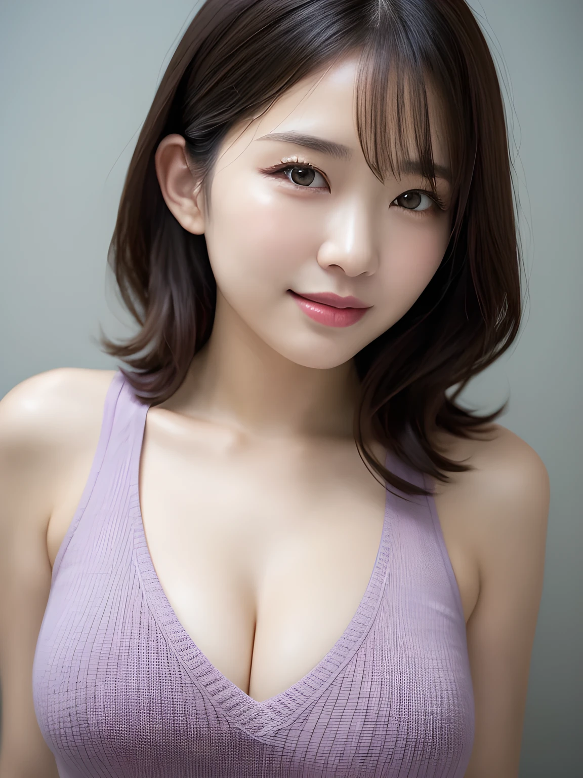 Tabletop, highest quality, Photorealistic, In detail, High resolution, 8k wallpaper, Perfect dynamic composition, Beautiful fine details, Medium short wavy hair, Big ample breasts, My chest is shining with sweat、Random sexy poses,Random Situation、(Ultra tight sleeveless knit 1.3)、Breast bulge、Laughter、Beautiful old Asian cityscape、Age 25、(Droopy Eyes 1.3)、Adult Beauty、Natural Makeup、Japanese、Iris