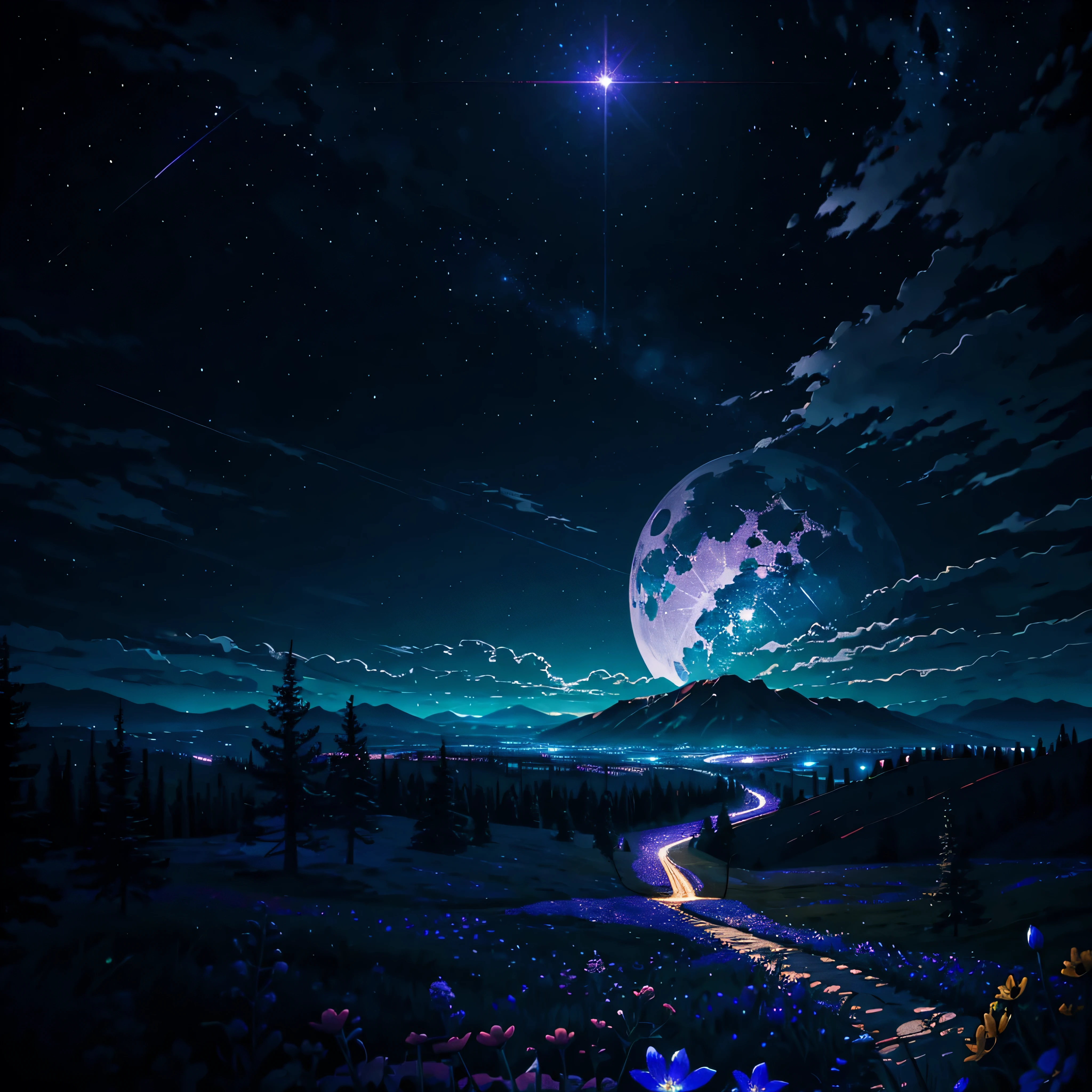 Vast landscape photography,(A view from below of the sky and wilderness below),Flower Field,(full moon:1.2),(meteor:0.9),(Star Cloud:1.3),Fir Mountain,Rios,(Warm light source:1.2),(Glow worms:1.2),The lamp lights up,Blue and purple,Intricate details,Volumetric Lighting Break(masterpiece:1.2), (highest quality),4K,Very delicate,(moving composition:1.4),Extremely detailed and colorful(Iridescent colors:1.2),(Sparkling Lights,Atmospheric lighting),dream Magic,Magic,(solo:1.2)