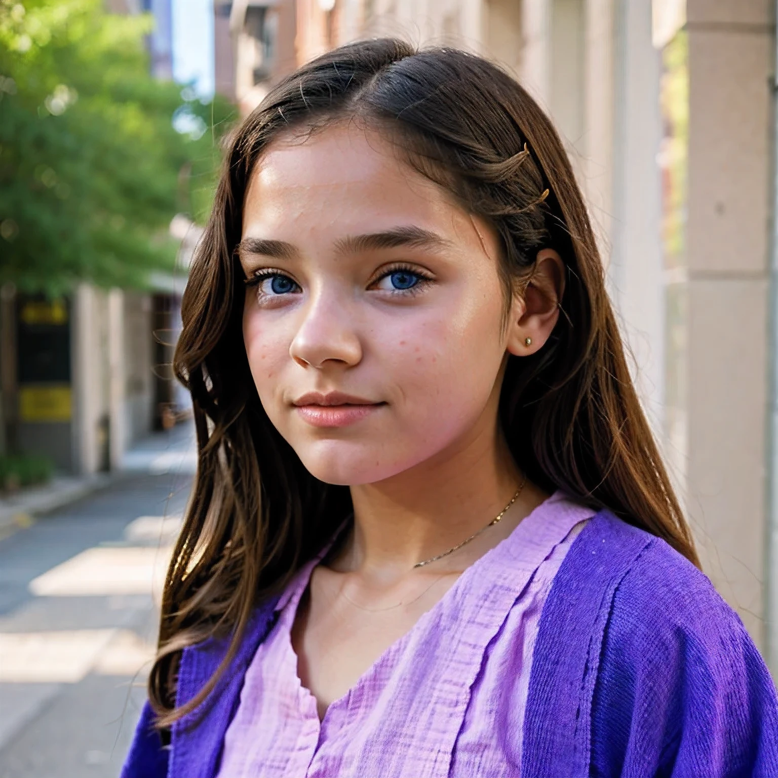 photo of a Columbia student，9 , in Purple Pink, Linen coarse cloth, (freckles:0.8) Blush，cute face, scifi, dystopian, detailed eyes, cobalt blue eyes（（Side view））Shy