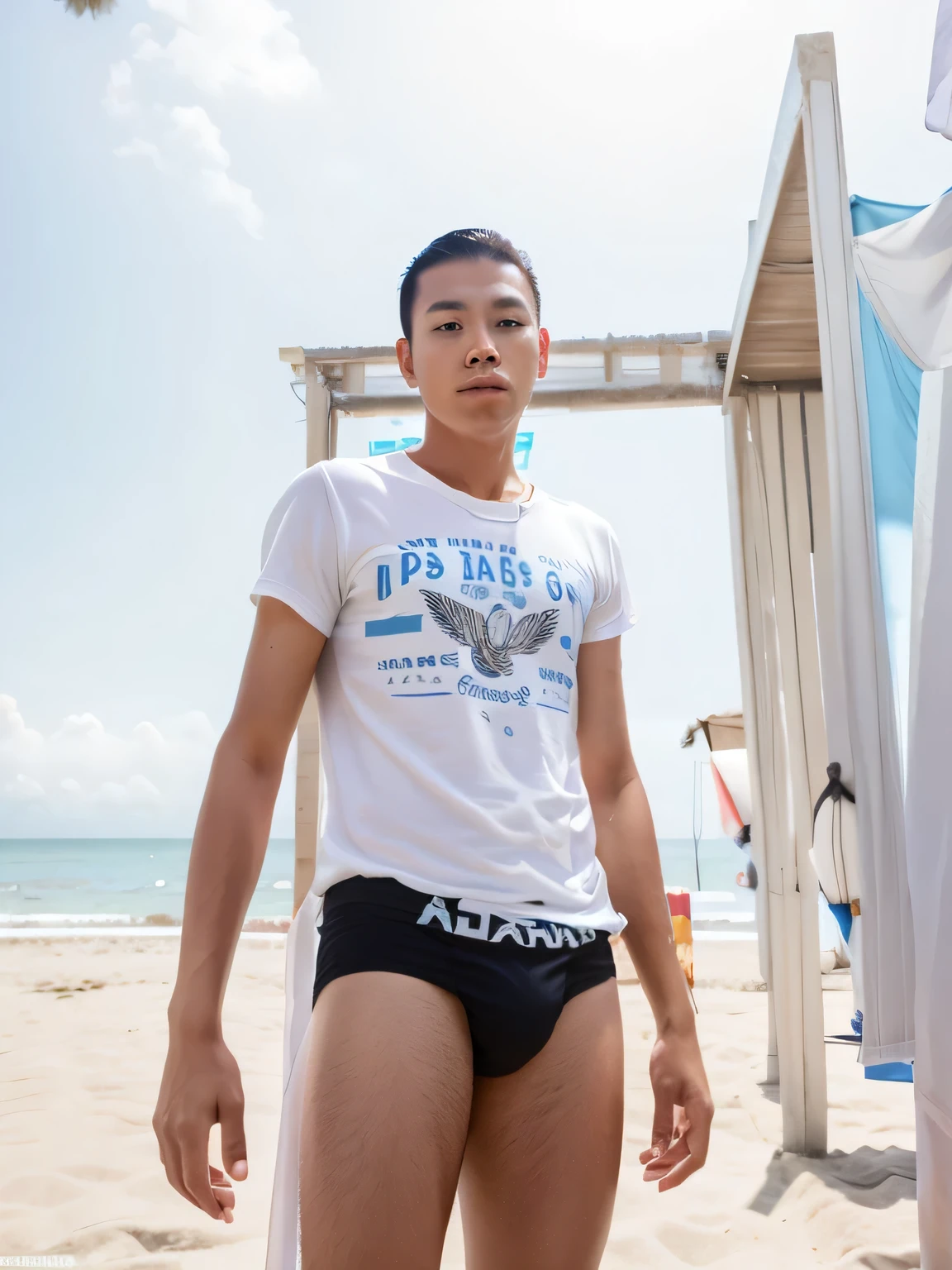 Change the background to the beach.,daytime, Handsome young man, Thai man, ager, very handsome
