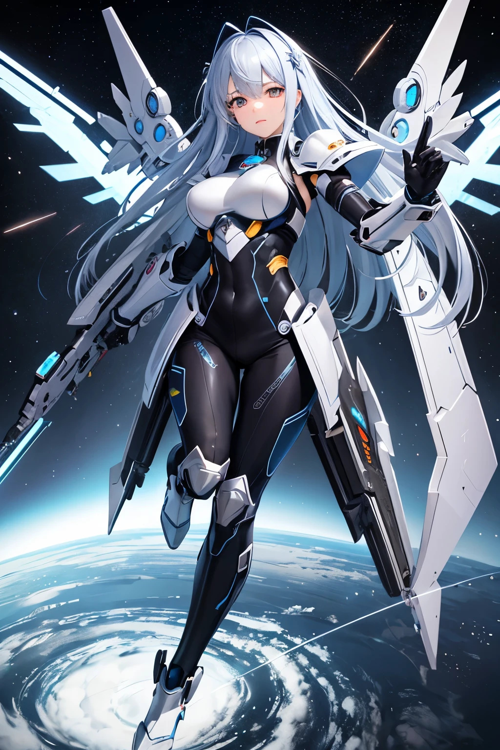 （（（highest quality、first-clasasterpiece、Normal body、8k、Detailed face、Ultra-precision、Normal hand、Normal finger、５Finger、）））Blue and silver hair、Machine Angel、Large mechanical wings、Large booster、Large thruster、Thought-guided remote-controlled weapon、Full Armor、Beam rifle、Beam irradiation、Running through space、Beam Sword、Fighting space monsters、Variable Beam Launcher、Multi-Lock Missile、Black Hole Cannon