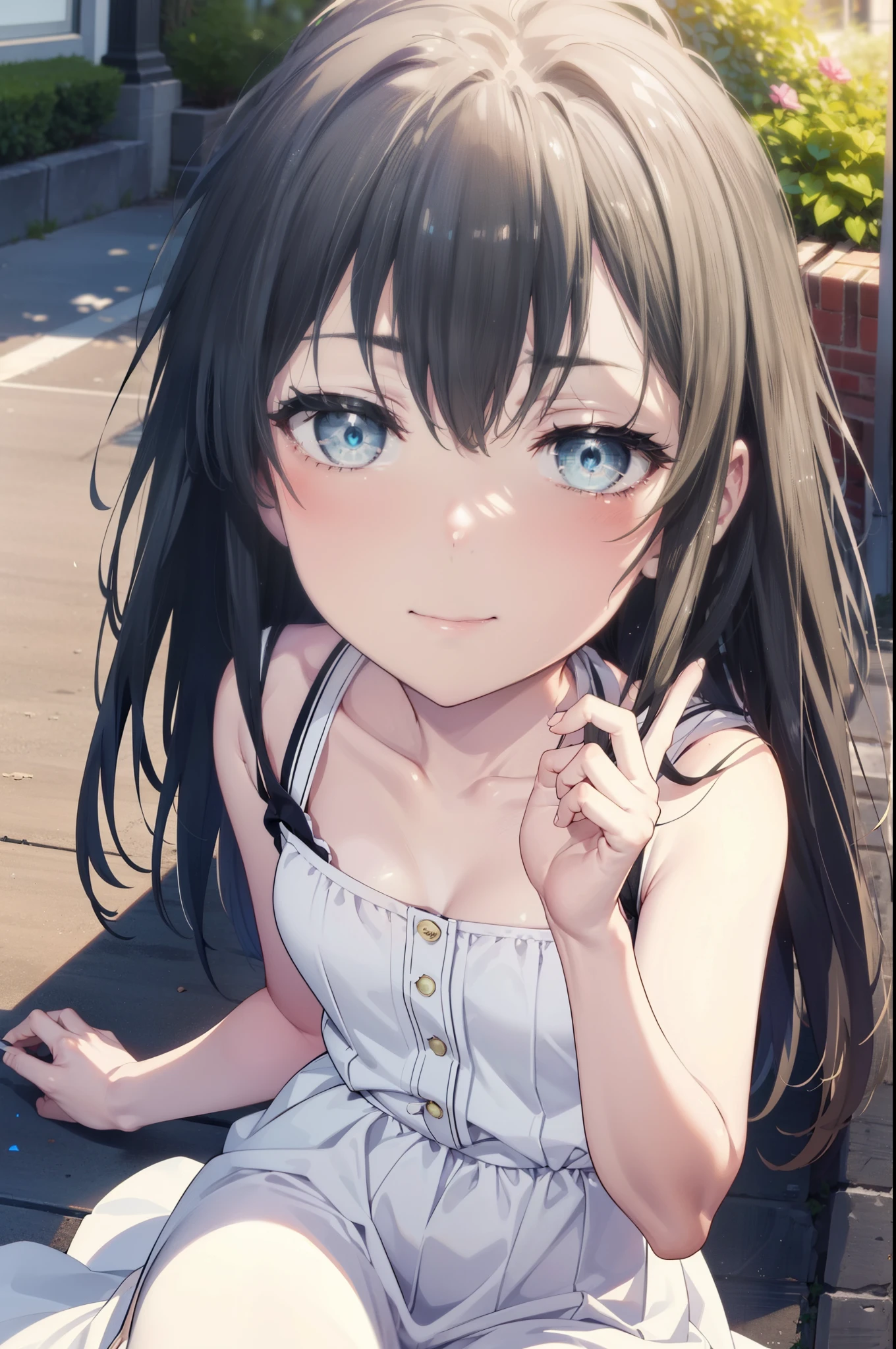 Top Quality, Masterpiece, Ultra High Definition, 8K, Summer Sky, Early Summer, (Shorts, Light Yellow-Green Knit, Sneakers), Shojo Manga Style , One, Soft Line Art, Digital Enhancement, Shojo Manga Touch, Shojo Manga Core, Flowing Fabric, Close Up, (Shoulder Length and Short Braid)), Wet Hair, Staring at Us Head-on, Soft Drawing, Beautiful Black Hair, Clear eyes, (((teasing smile)), ultra-detailed digital anime art, clear face depiction, ultra-detailed shoujo manga character art, clear facial features, ultra-detailed manga style, top quality colors, hand gestures, landscape with nature, looking up at the sky, angle that can see up to your feet, sit