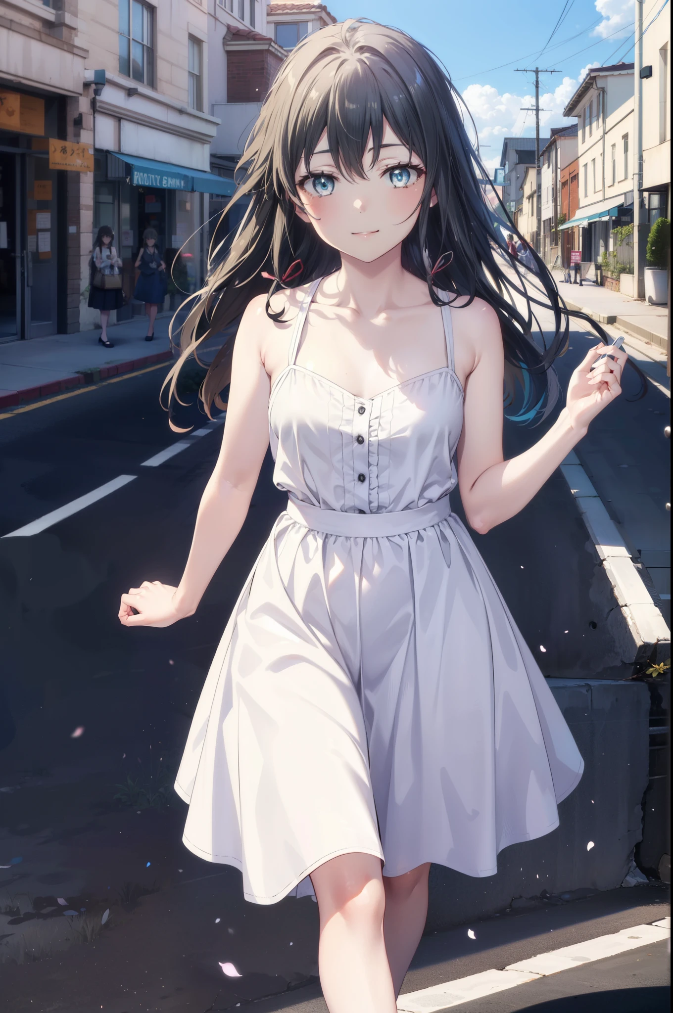 yukinoyukinoshita, Yukino yukinoshita, Black Hair, blue eyes, Long Hair,smile, Small breasts,happy smile, smile, Close your mouth,
, Sleeveless white dress,White long skirt,Cute Sandals,walking,Real Summer,Daytime,sunny,whole bodyがイラストの中に入っていくように,
break outdoors ,city,Building district,　　　　　　　　　　　　　　　break looking at viewer, whole body,
break (masterpiece:1.2), highest quality, High resolution, unity 8k wallpaper, (shape:0.8), (Beautiful and beautiful eyes:1.6), Highly detailed face, Perfect lighting, Extremely detailed CG, (Perfect hands, Perfect Anatomy),