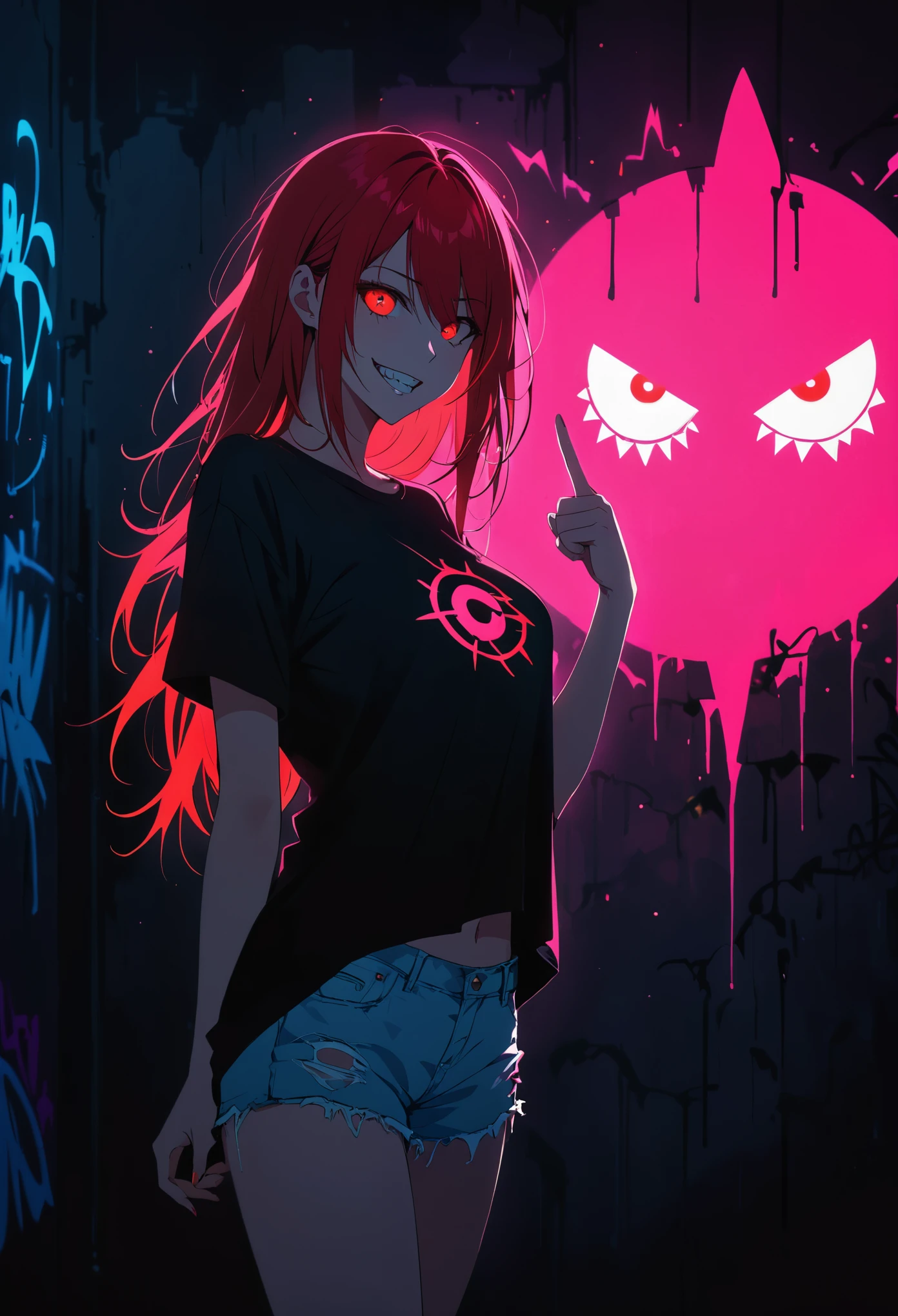 (Portrait of a mysterious giant eye)，indoor，Fluorescent illumination，(((Darkness shrouded)))，Wall background，black background，silhouette，shadow，extreme darknesinimalist graffiti style background，Fluorescent red eye graffiti，Dark atmosphere，cowboy shot,1girl,Oversized black T-shirt，Medium Breast，Waistless T-shirt，（underboob），blurred background，Blurred foreground，Red fluorescent hair，Fluorescent red eyes，Hand raised and touching hair，long hair，Messy hair，Low rise denim shorts，Over-the-knee boots，pink eye shadow，Ruined eyeshadow，Grin，Open your mouth，Devil smiley，middle finger，Shark Teeth，