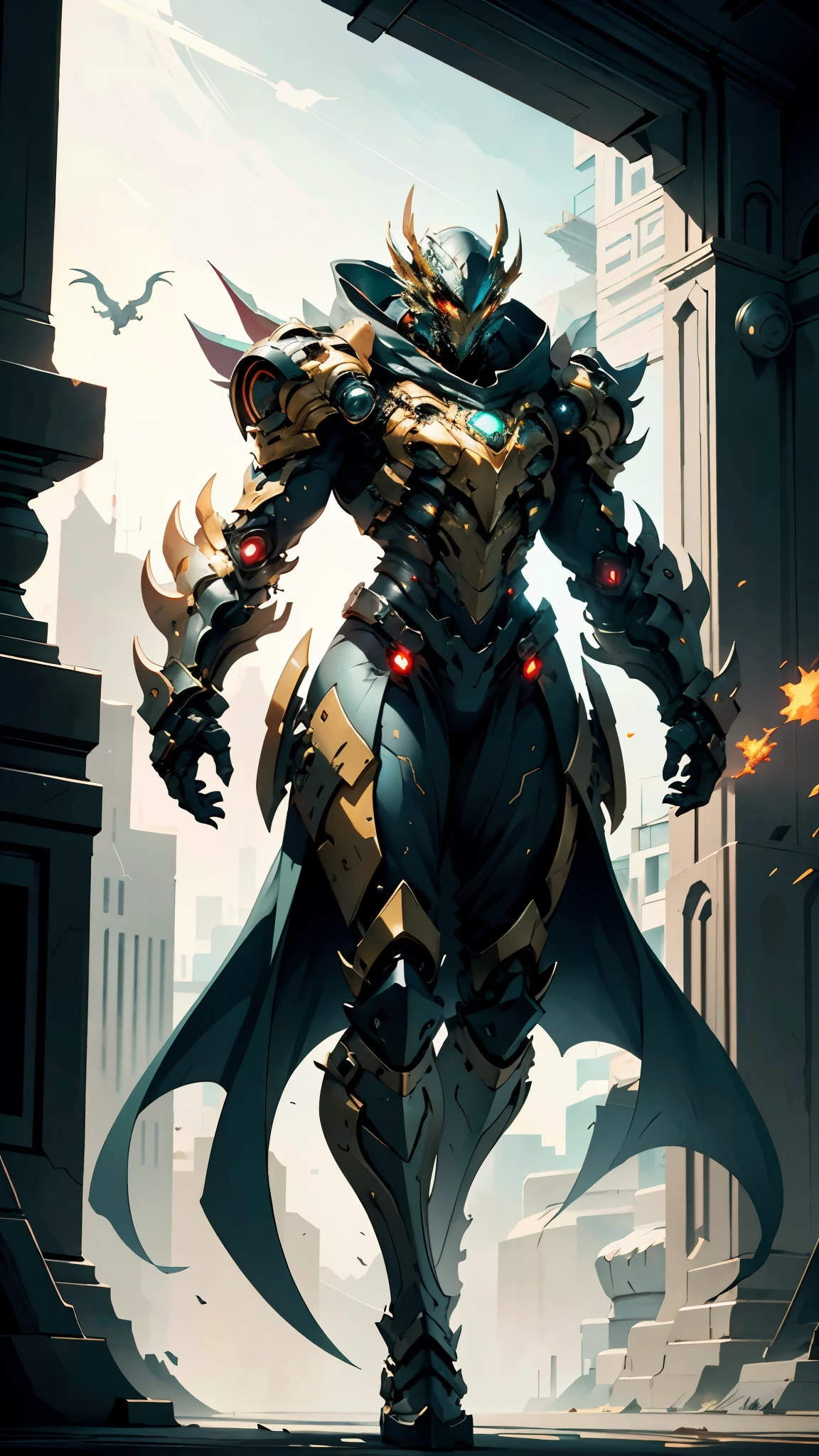 A man wearing a full-face helmet, a fantasy-style biomecha armored combat suit, green eyes, a composite layered chest armor, fully enclosed shoulder guards, matching arm and leg guards, the belt is adorned with dragon claw grasping orbs, primarily black with red accents, the design balances heavy with agility, a high-tech biological armor, (concept inspired by dragons, stand on the top of a skyscraper in a futuristic sci-fi city), this character embodies a finely crafted fantasy-surreal style armored hero in anime style, exquisite and mature manga art style, ((male:1.5, element, plasma, energy, the armor glows)), metallic, real texture material, dramatic, high definition, best quality, highres, ultra-detailed, ultra-fine painting, extremely delicate, professional, perfect body proportions, golden ratio, anatomically correct, symmetrical face, extremely detailed eyes and face, high quality eyes, creativity, RAW photo, UHD, 32k, Natural light, cinematic lighting, masterpiece-anatomy-perfect, masterpiece:1.5