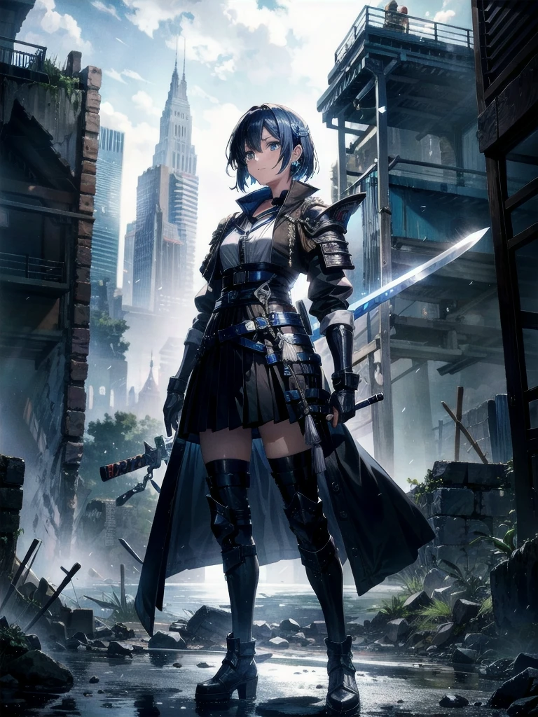 long blue great sword, Ruins, tech boots, black jacket, samurai, absurdres, RAW photo, extremely delicate and beautiful, masterpiece, Best Quality, ultra high resolution, 32k, hyperrealistic, ultra-detailed, tearful mole, earring, short medium hair, wavy hair, whole body, 