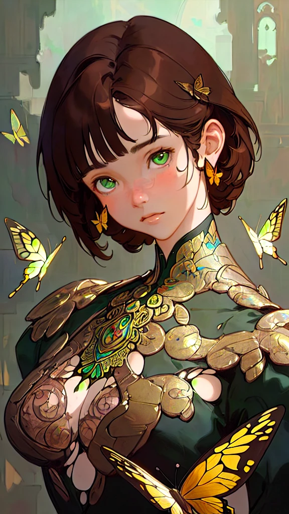 8k portrait of beautiful cyborg with brown hair, intricate, elegant, highly detailed, majestic, digital photography, art by artgerm and ruan jia and greg rutkowski surreal painting gold butterfly filigree, broken glass, (masterpiece, sidelighting, finely detailed beautiful eyes: 1.2), hdr, 