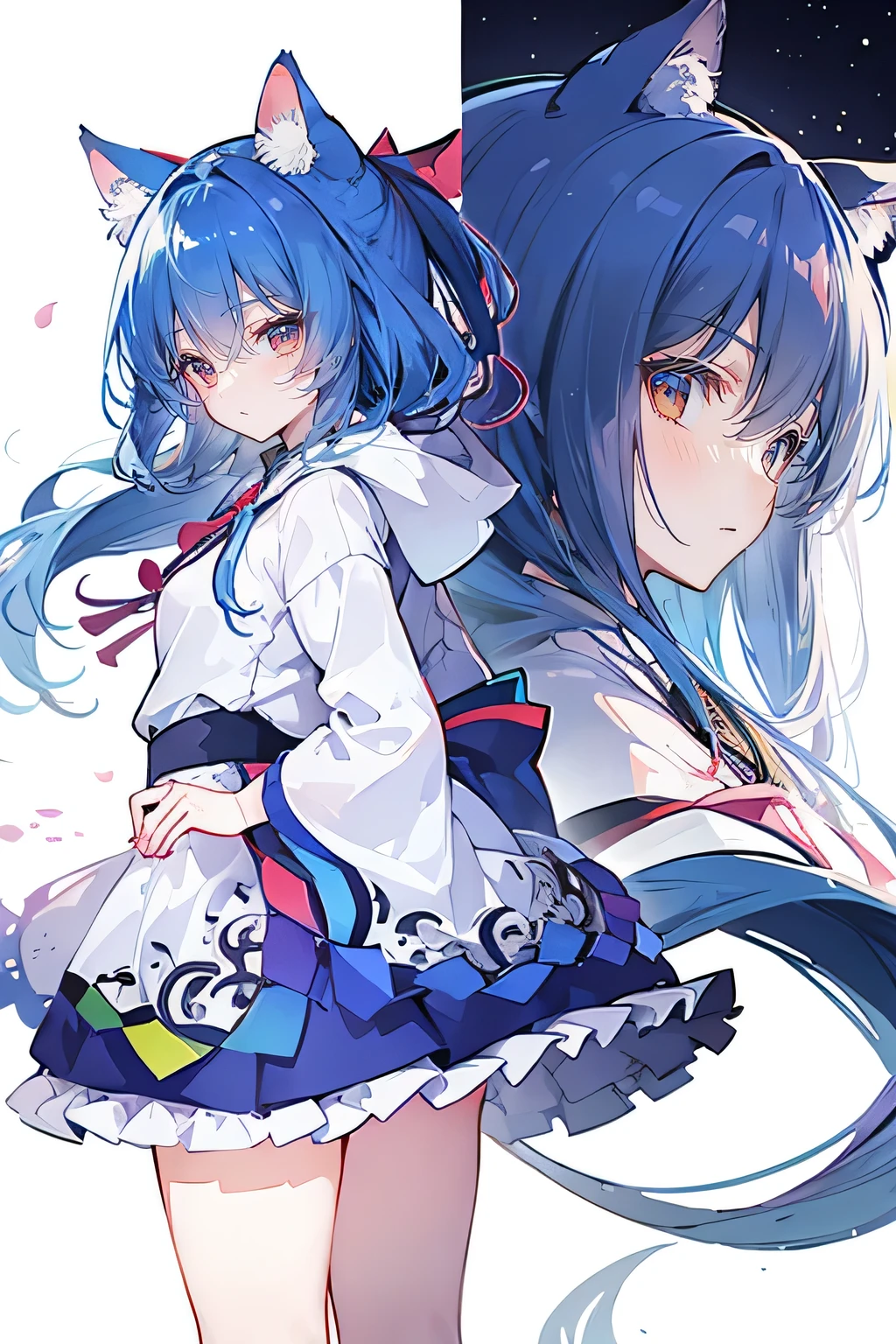 （masterpiece：1.2），Super detailed，lifelike，Expressive eyes，fair skin，perfect face shape，1 girl，
Japanese comics,Gorgeous blue hair,flowing blue hair,flowing clothes,Cat ears,Petals fall,beautiful lola,Baby Angel,
Shaking head with one hand，Cross your legs，Gentle and peaceful background，The pavilion is cool and comfortable,smile, wearing hoodie, background of tokyo,back views,snowing, winter.
